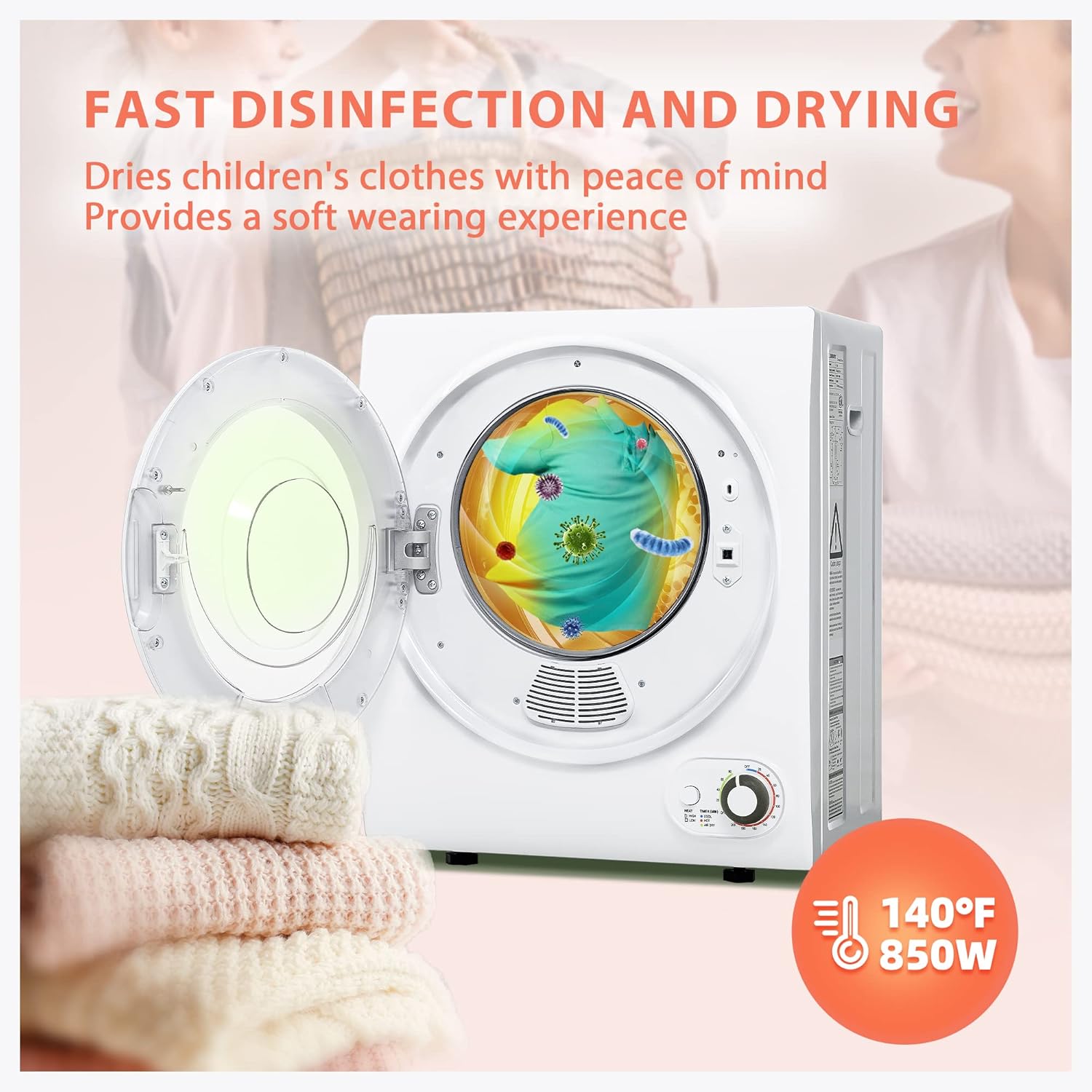 Euhomy Portable Clothes Dryer 1.5 cu.ft 850W Stainless Tub 110V