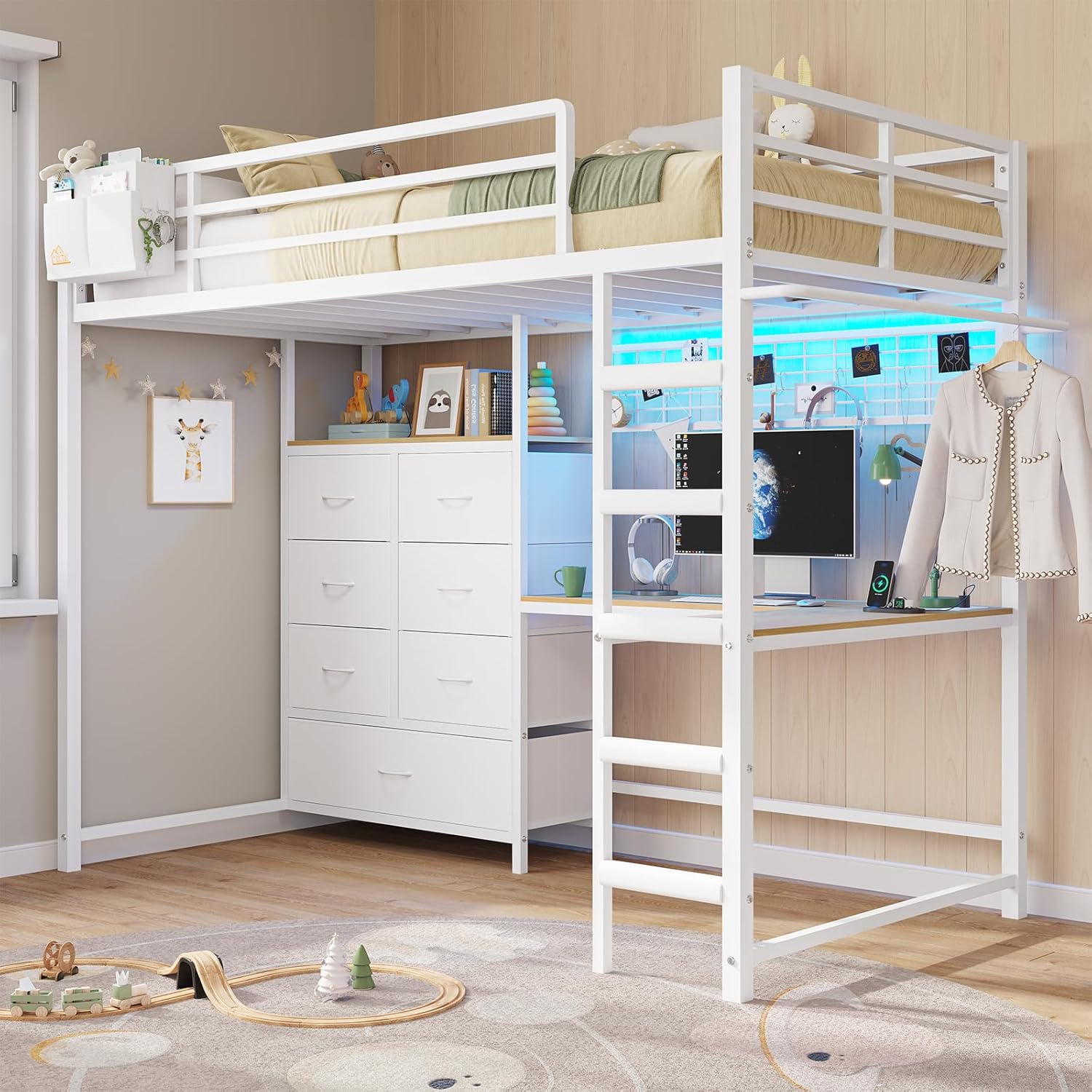 DICTAC Twin Size Loft Bed with L-Shaped Desk and 7 Storage Drawers,Metal Twin Loft Bed for Kids with LED Lights and Charging Station,13.11