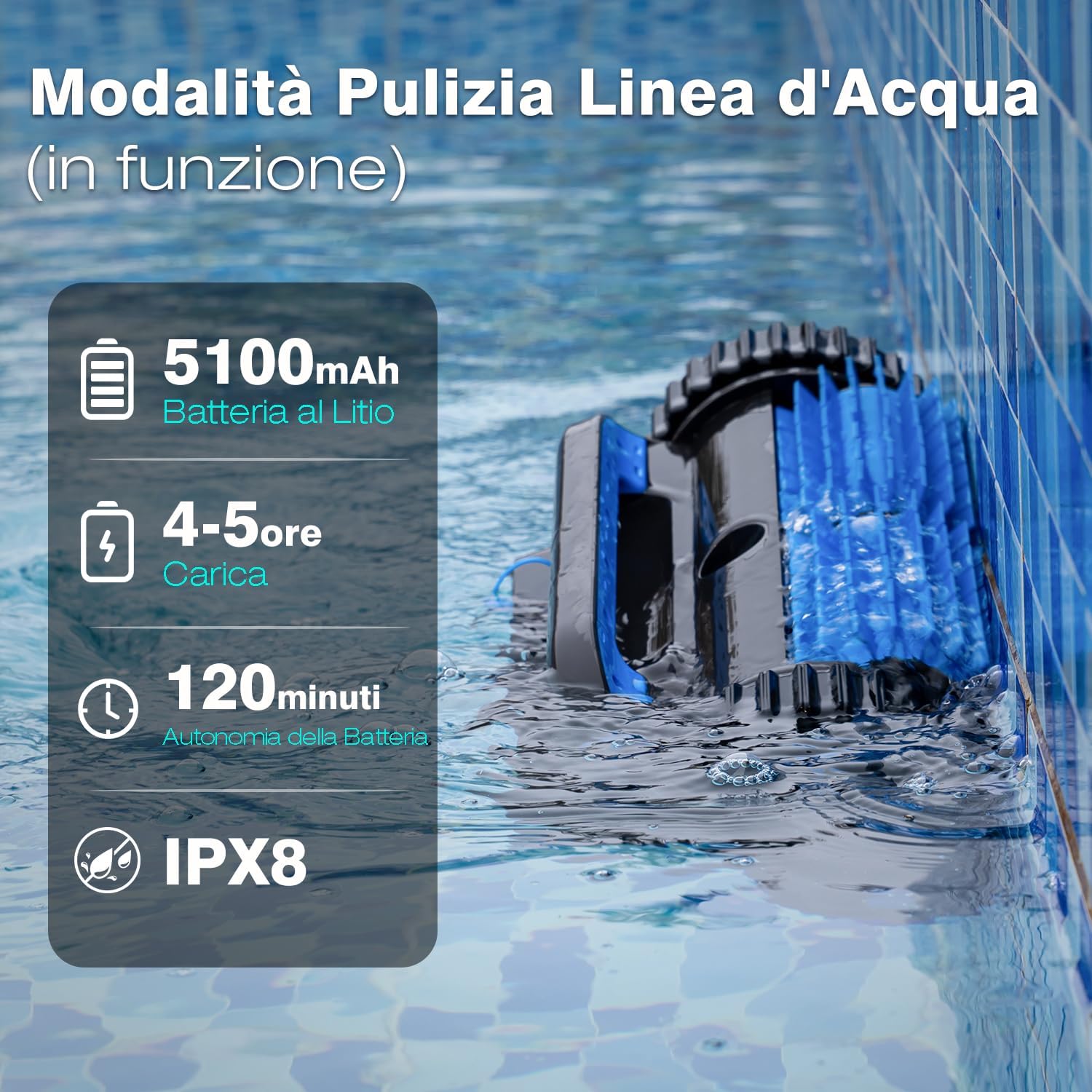 U8 Robot Piscina Senza Fili, Pulizia Fondo, Pareti e Linea Galleggiamento, 4 Modalità, 120 Min di Autonomia, Navigazione Intelligente, Parcheggio Automatico, Fino a 200㎡