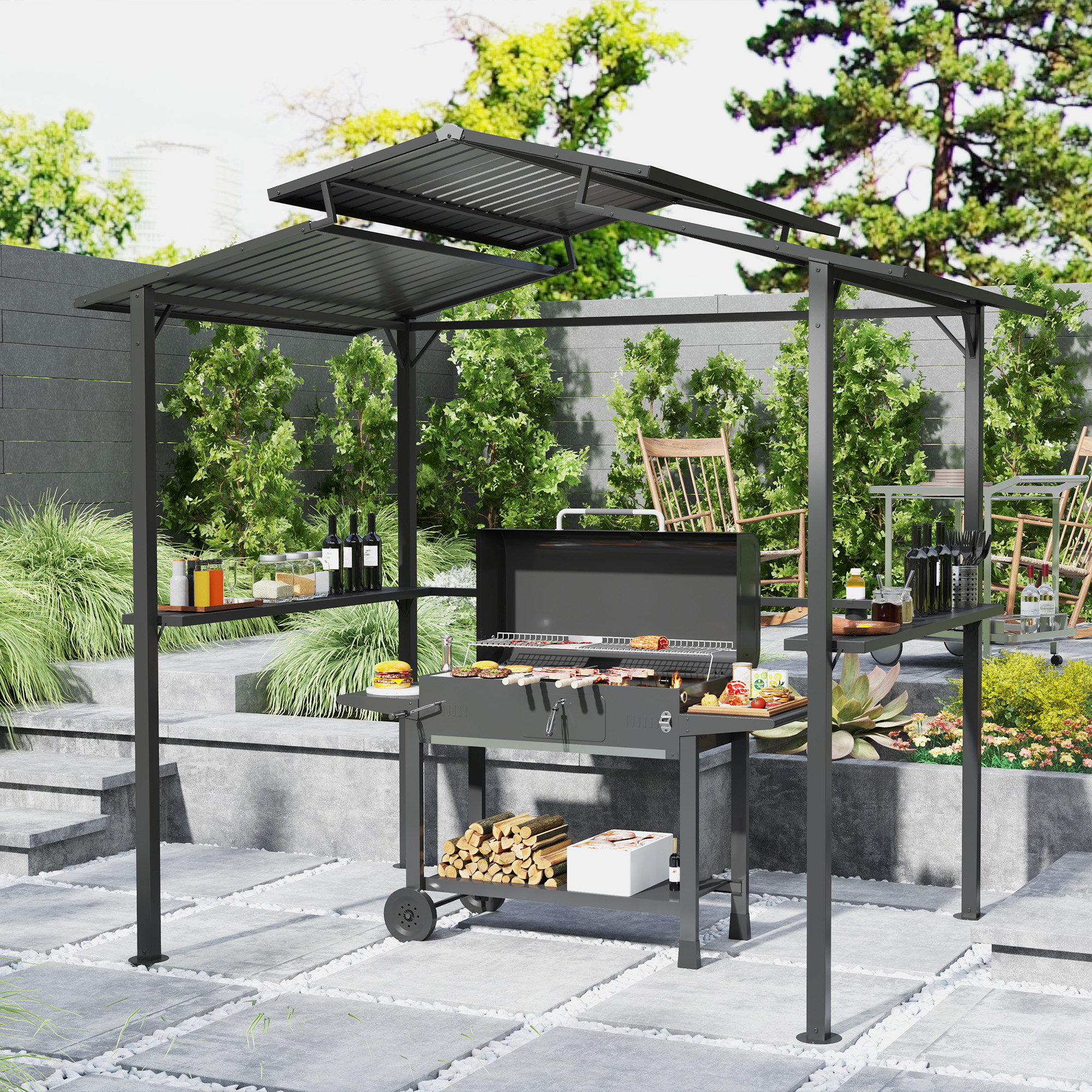 Grillpaviljoen 250 x 160 x 250 cm Waterdicht Tuinpaviljoen met Dubbellaagdak en Zijplanken, Zwart