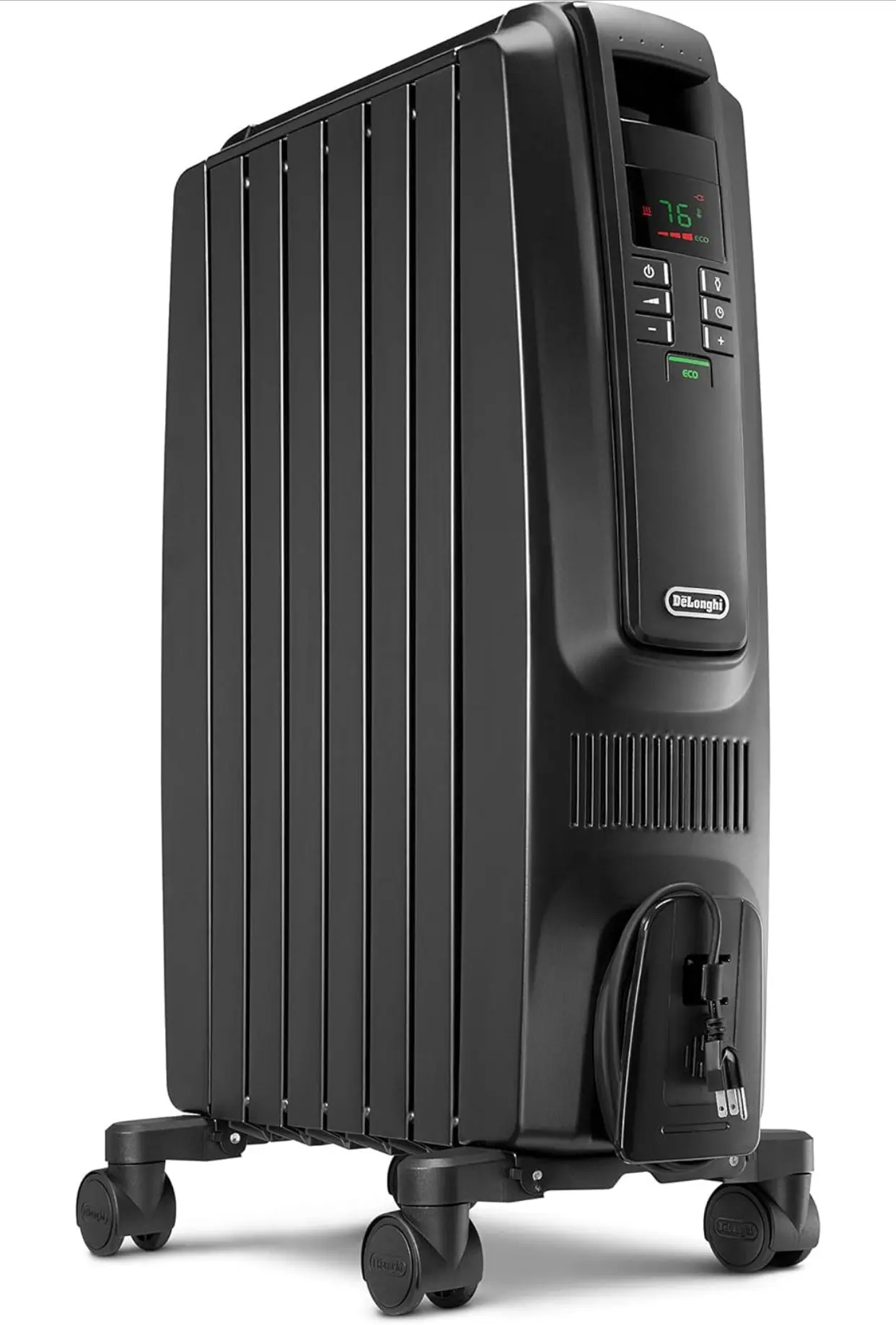 De'Longhi Oil Filled Radiator Space Heater, Quiet 1500W, Adjustable Thermostat, 3 Heat Settings, Timer, Energy Saving, Safety Features, White, Dragon TRD40615EBKCA, Black