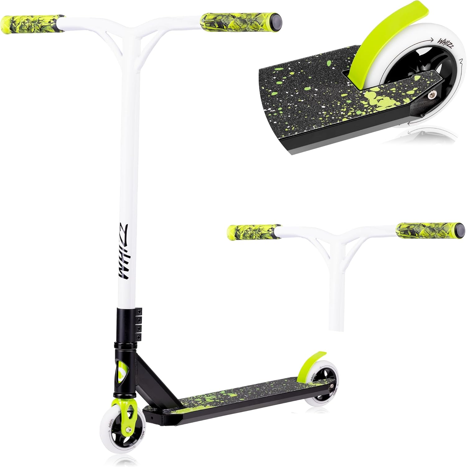 LIONELO Whizz Monopattino Stunt Scooter Freestyle, Cuscinetti ABEC-9 Deck in Alluminio Sistema di Compressione HIC Ruote da 110 mm Manubrio a T Largo, Freno Flex Fender MN Steel, Design Unico (Nero)