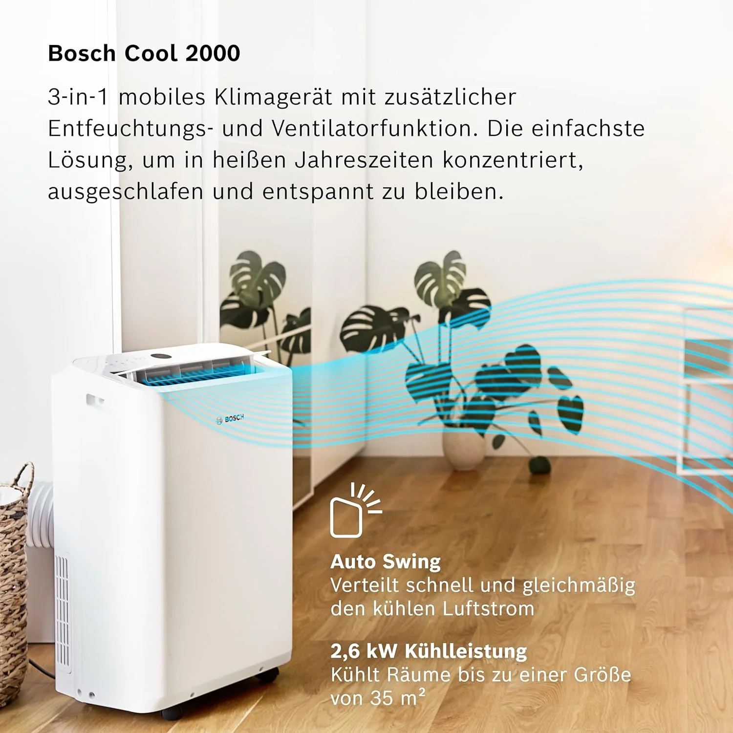 Bosch Cool 4000 Mobiele airconditioner - 3-in-1: Airconditioner, ontvochtiger, ventilator - 2,6 kW voor ruimtes tot 35 m2 - Met automatische modus, stille modus & slaapmodus