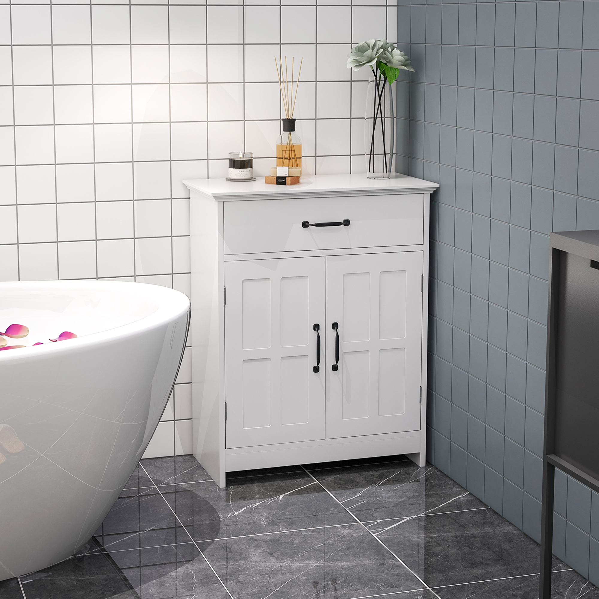 kleankin Badezimmer Unterschrank mit Doppeltür, Schublade und verstellbarem Regal, 60x30x75cm, weiß