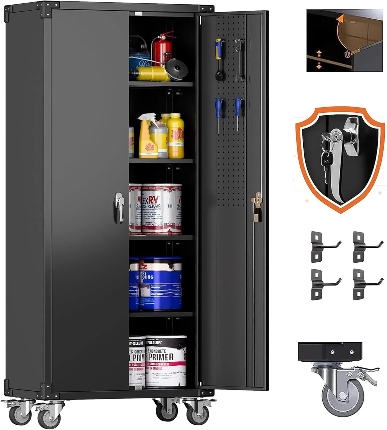 Aobabo Upgraded Garage Storage Cabinets with Wheels,Metal Storage Cabinets with 5 Adjustable Shelves for Garage Home Office Storage, Black,71''H*34''W*18''D,Assembly Required