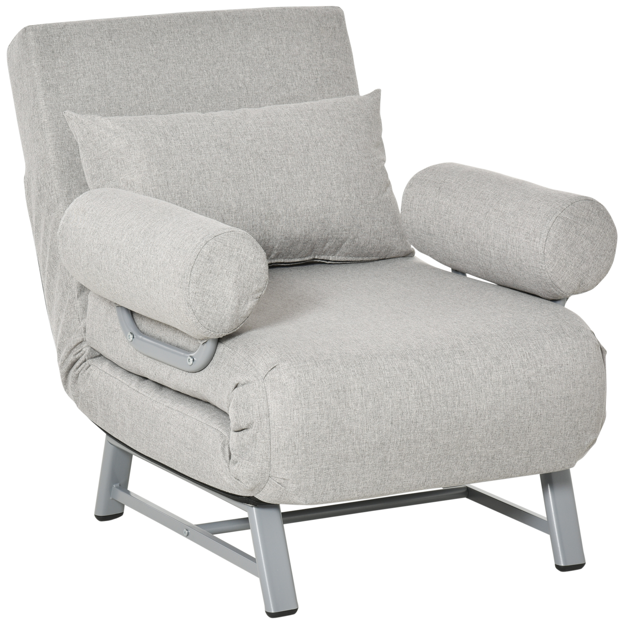 HOMCOM Fauteuil chauffeuse Schlafsofa-umwandelbarer Liegesessel mit 1 Platz Maximaler Komfort Lendenkissen Armlehnenkissen Metallgestell Leinen Grau