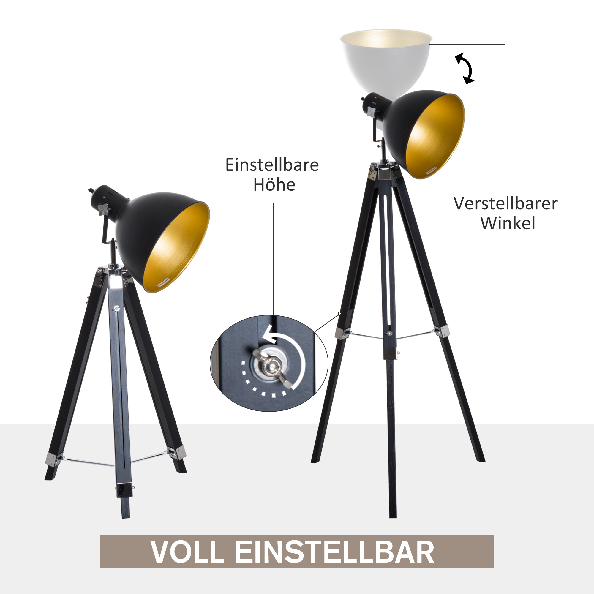 ? staande lamp driepoot vloerlamp in hoogte verstelbaar 108-152 cm E27 industri?le zwarte vloerlamp grenen goud 65 l x 65 b x 152 h cm