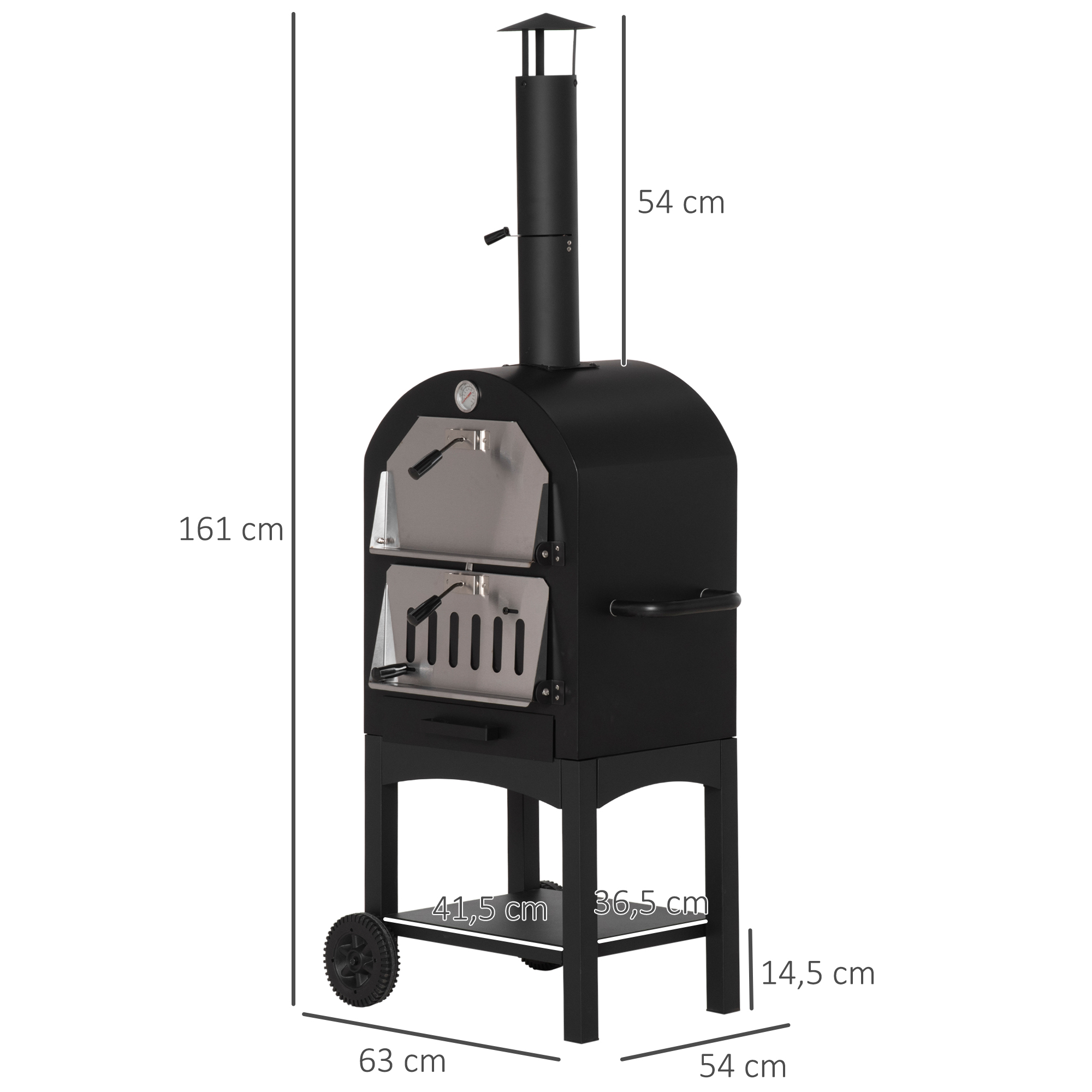 pizzaoven BBQ 3 niveaus zwart + zilver 63 x 54 x 161 cm