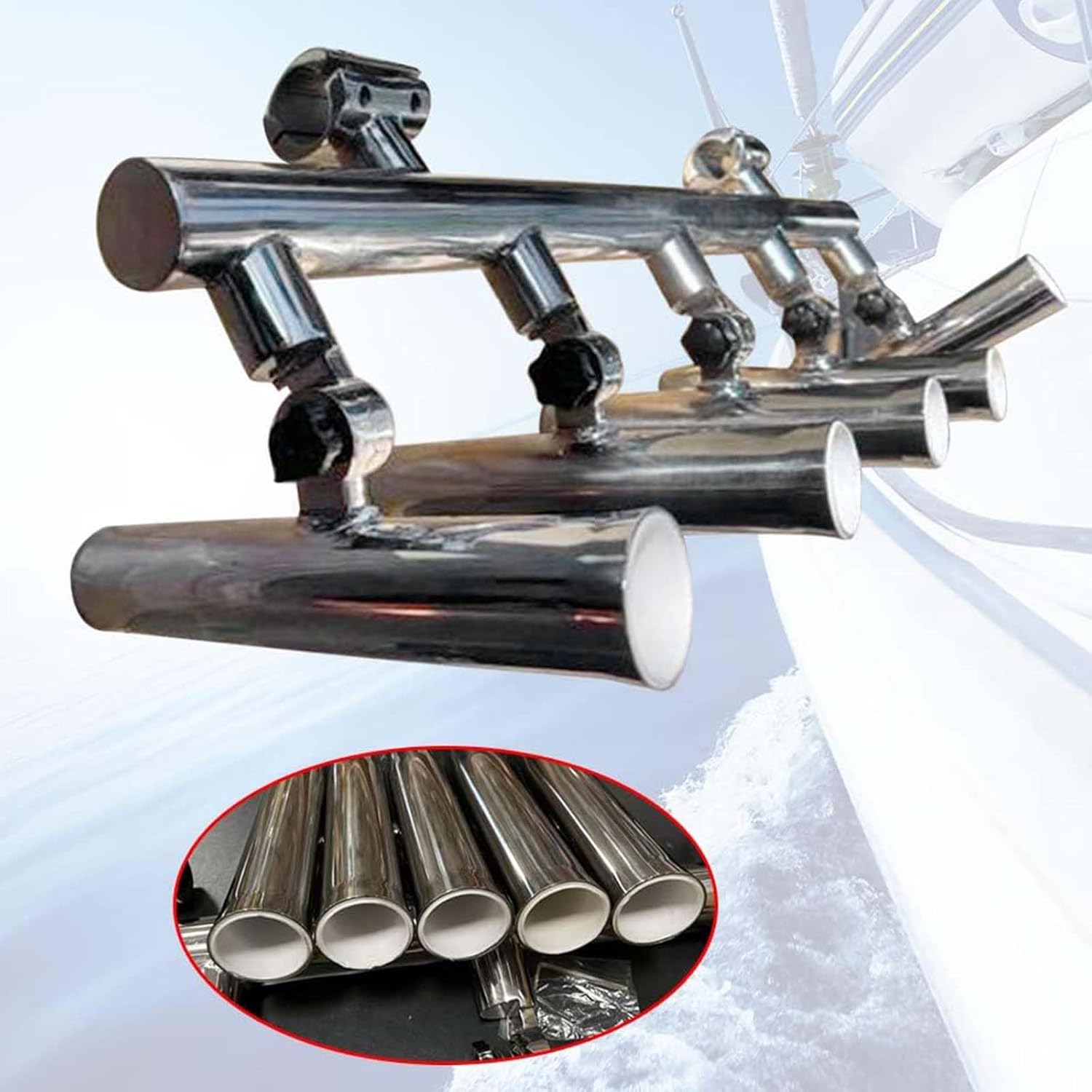 Verstellbarer Angelrutenhalter Mit 5 Rohren, Angelkonsole Aus Edelstahl, Boots-T-Top-Raketenwerfer, Angelrutenbasis, Oben Montierter Rutenhalter Mit 2-Zoll-Klemme