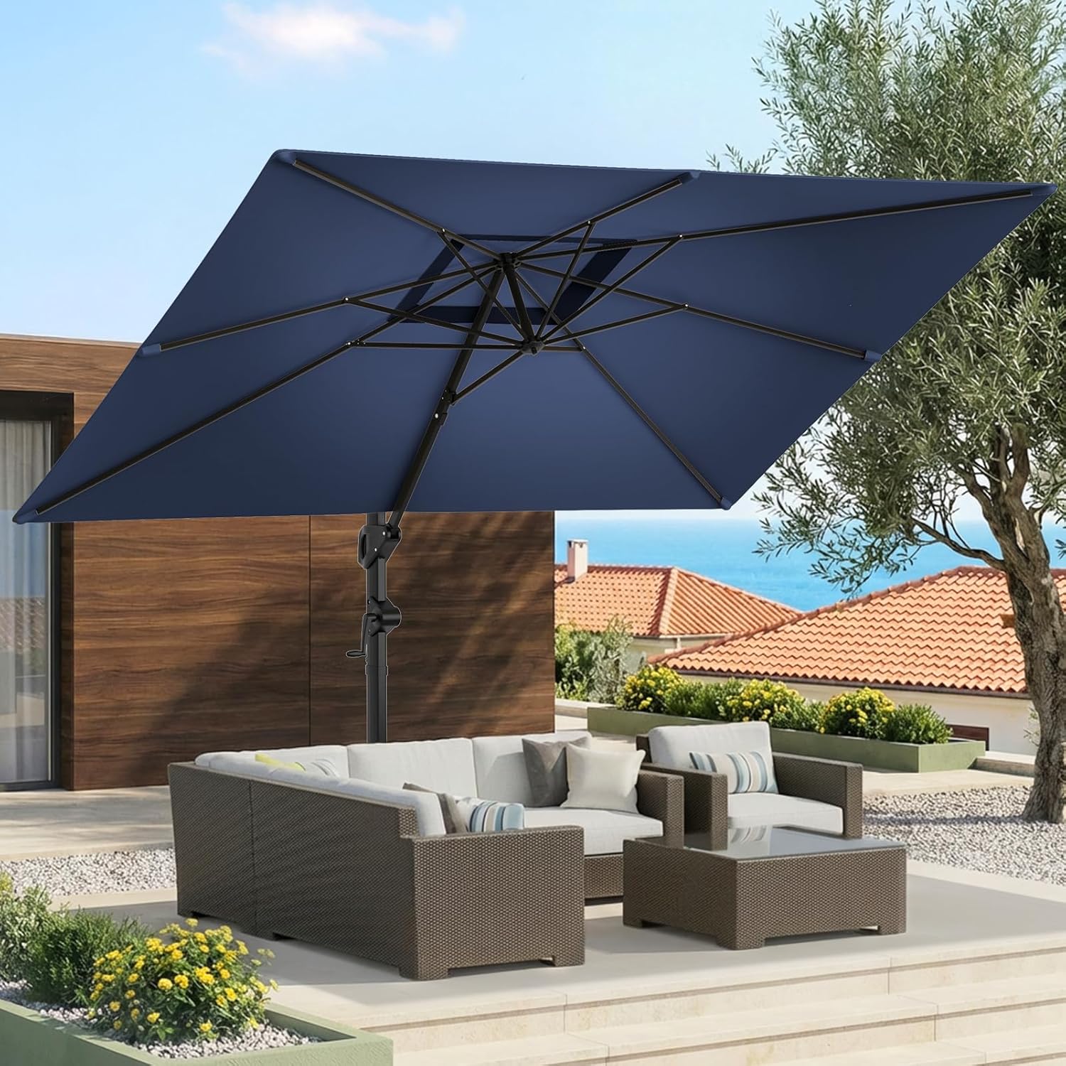 HOMSHADE 9x12FT Cantilever Patio Umbrella Outdoor with Base- Large Offset Heavy-Duty Aluminum Umbrella with 360° Rotation  6 Tilts  Windproof  3-Year Fade Resistance for Pool Deck  Navy Blue