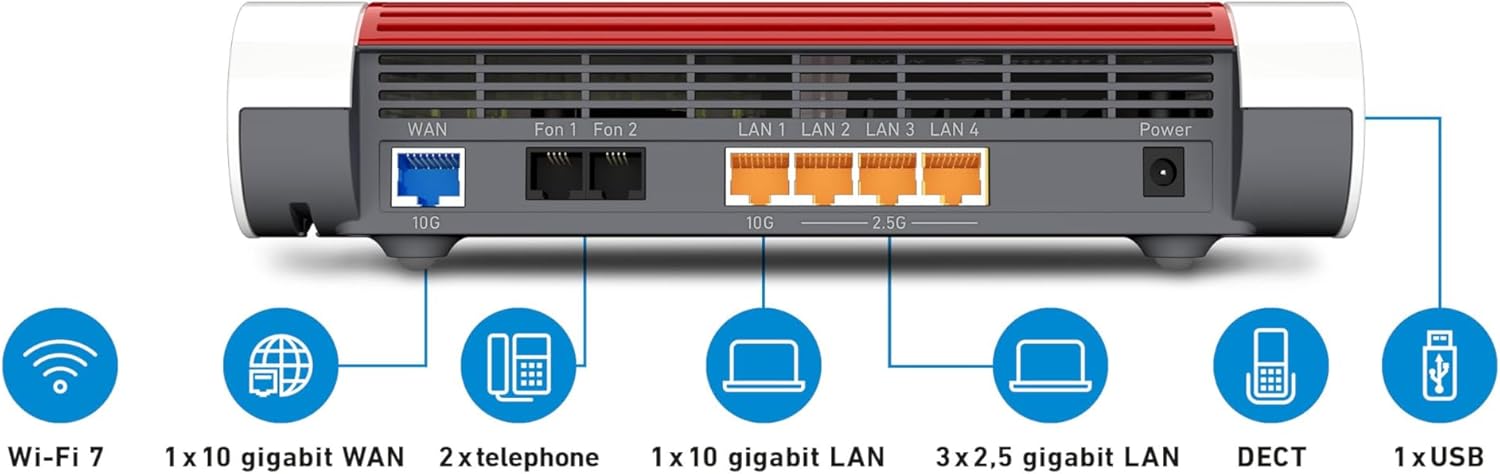 FRITZ!Box 4690 Edition International, Router Wi-Fi 7 Mesh per DSL o Fibra, fino a 6960 Mbit/s di velocità, 1x 10-Gigabit WAN/LAN, 3x 2.5-Gigabit LAN, Base DECT e Zigbee, Wi-Fi MESH e manuale italiano