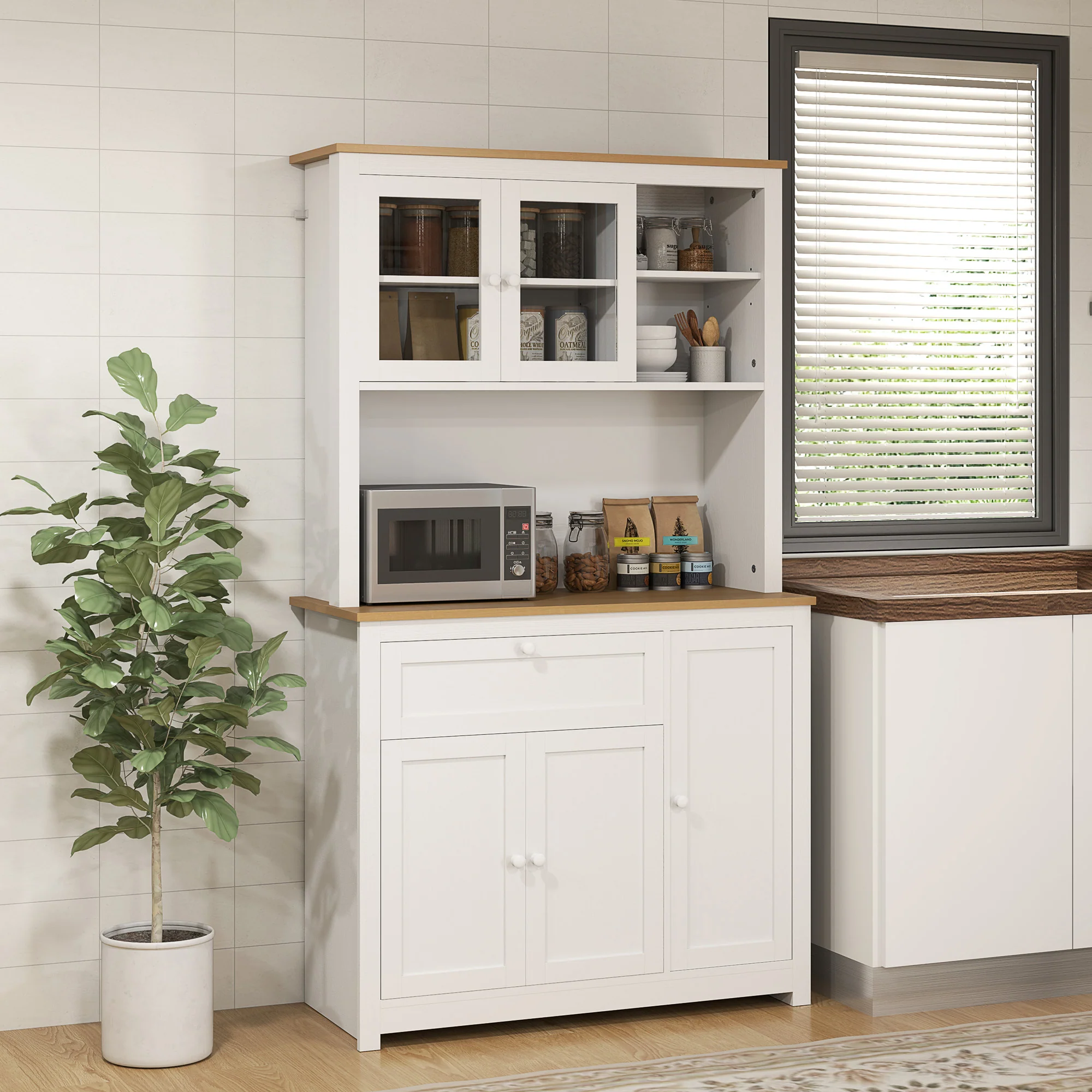 HOMCOM Landhuisstijl Keukenkast, 1 Vitrine, 1 Open Schap, 1 Lade, 2 Kasten, Natuur + Wit