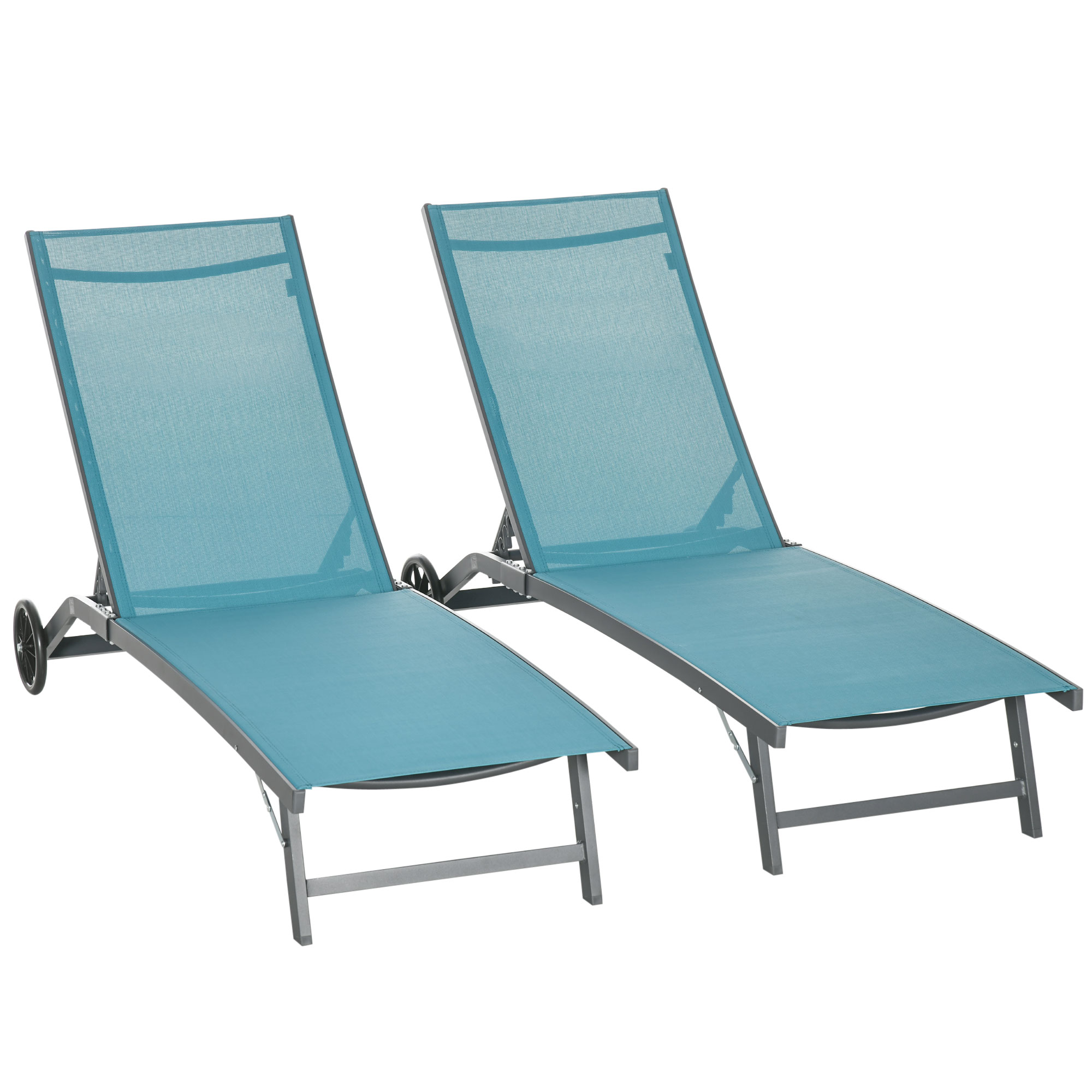 Outsunny Set mit 2 Sonnenliegen aus Aluminium und Textilene mit Rollen verstellbarer Rückenlehne max. 150 kg Blau