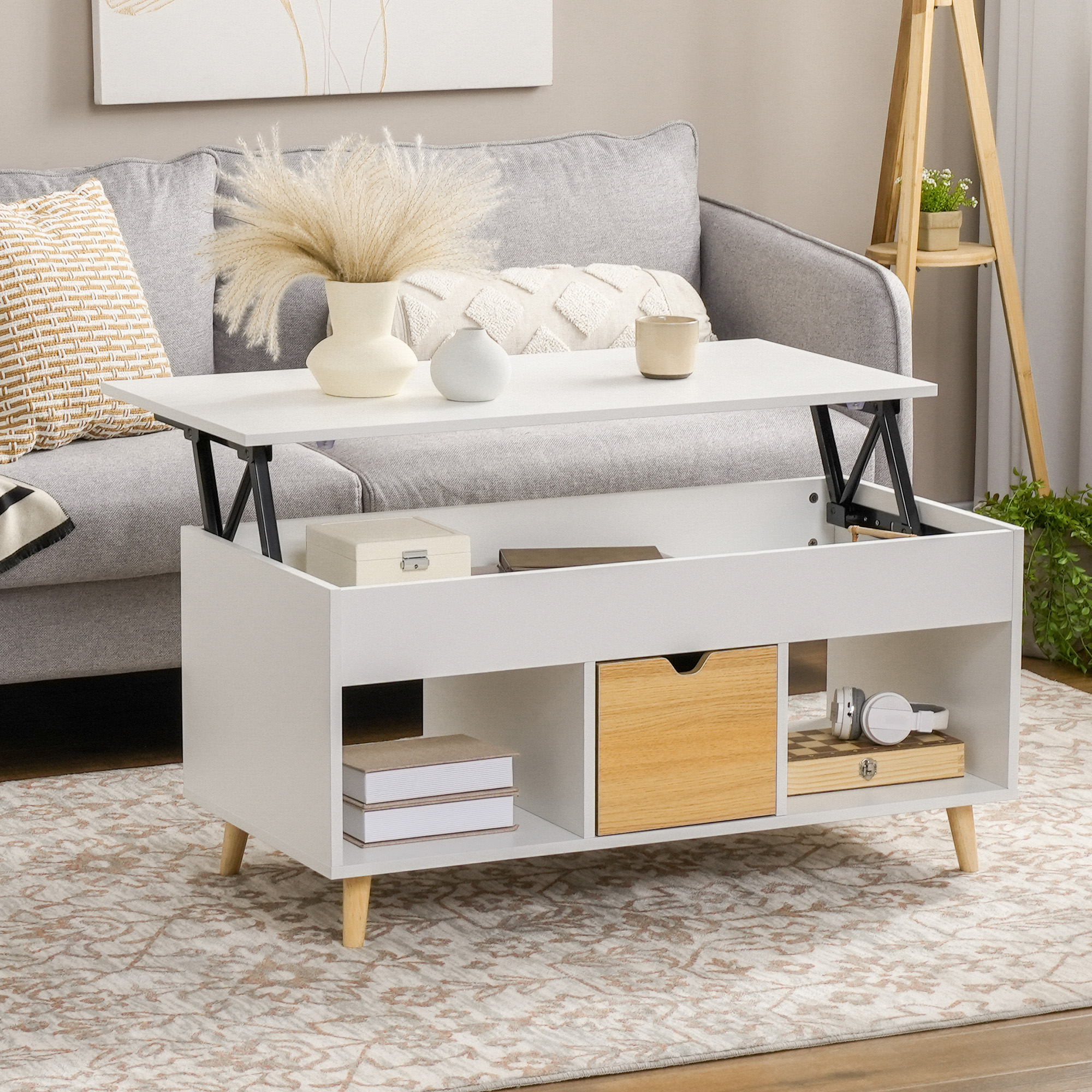 HOMCOM Rechteckiger Couchtisch mit hochklappbarer Platte, 1 Schublade, 2 Fächern und Fach - in Holzoptik und Weiß