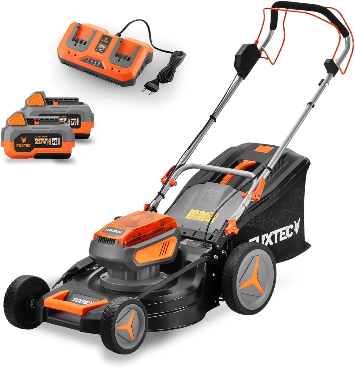 Fuxtec Rasenmäher, 46 cm, 75 mm, 40 V, 4 Ah, Schwarz/Orange/Silber, 4in1 Akku (2x20 V) FX-E2RM46 inkl. 2x20 V Li-Ion Batterie &