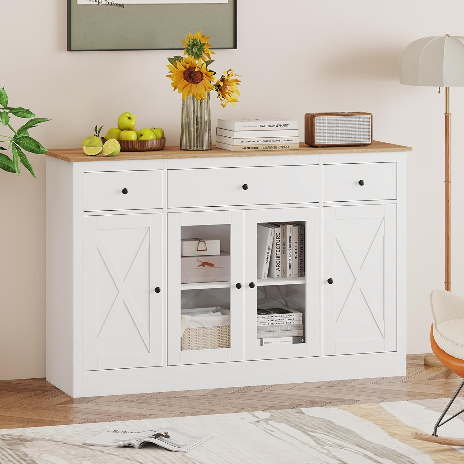COSTWAY Credenza Cucina, Mobiletto da Cucina con 3 Cassetti, 3 Armadietti, 2 Ante Trasparenti e Ripiani Regolabili, Mobile Buffet Dispensa per Sala da Pranzo e Soggiorno, 140 x 40 x 90 cm (Bianco)