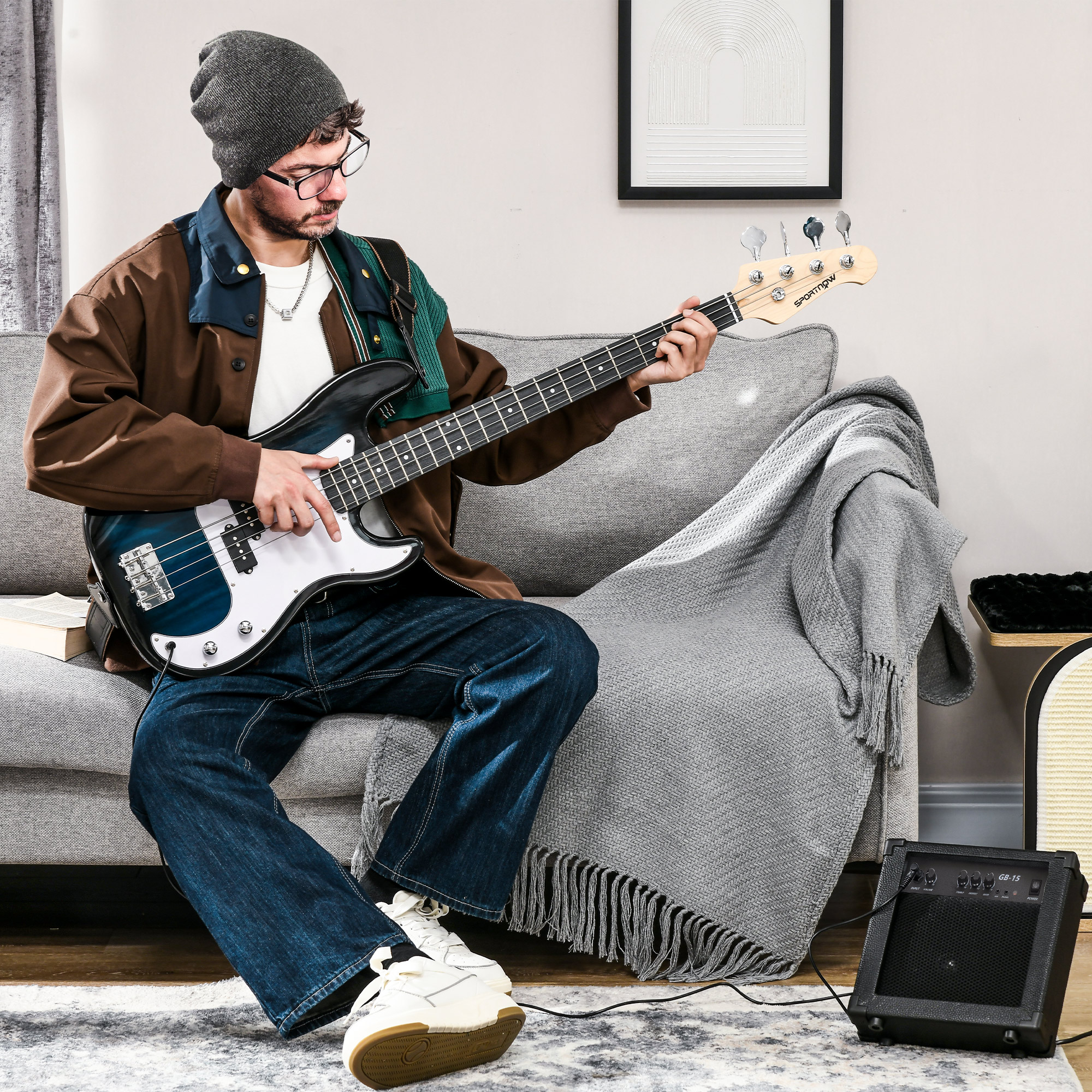 SPORTNOW E-Bass 4-Saiten mit 15W Verstärker, Tasche, Gurt und Plektren, Dunkelblau