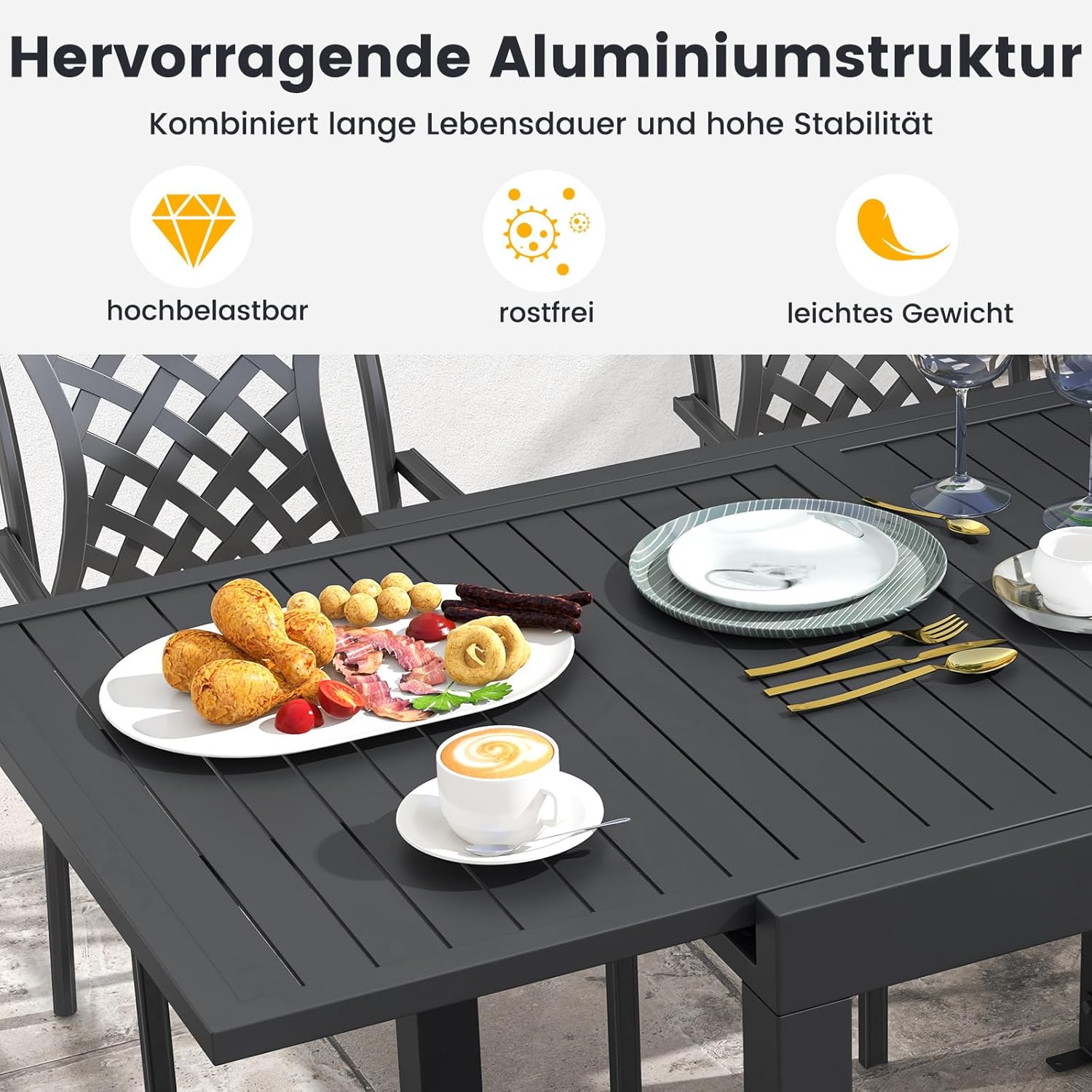 COSTWAY Gartentisch Aluminium ausziehbar, 80/160x80cm, Esstisch wetterfest, rechteckiger Terrassentisch mit Lattentischplatte für 4-6 Personen, Ausziehtisch für Garten, Terrasse