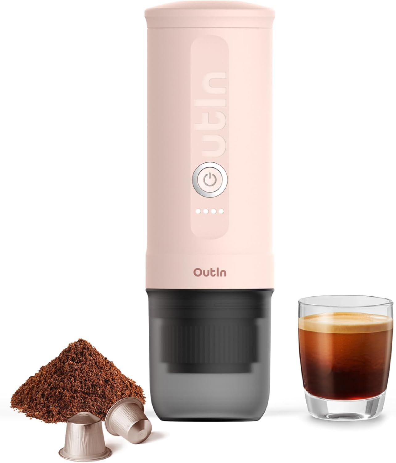 OutIn Nano Portable Electric Espresso Machine, Travel Camping Coffee Maker, Self-Heating USB-C Car Coffee Maker with Ground Coffee and NS Capsule