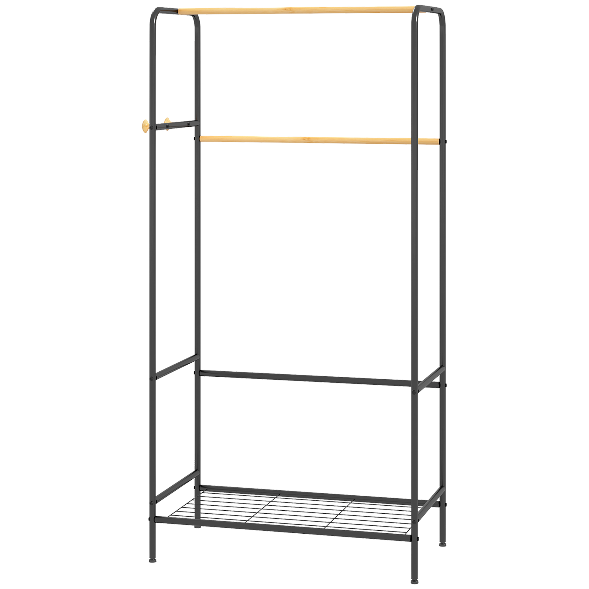HOMCOM Kleiderständer, 2 Kleiderstangen, Ablage & Haken, Bambus/Stahl, Schwarz