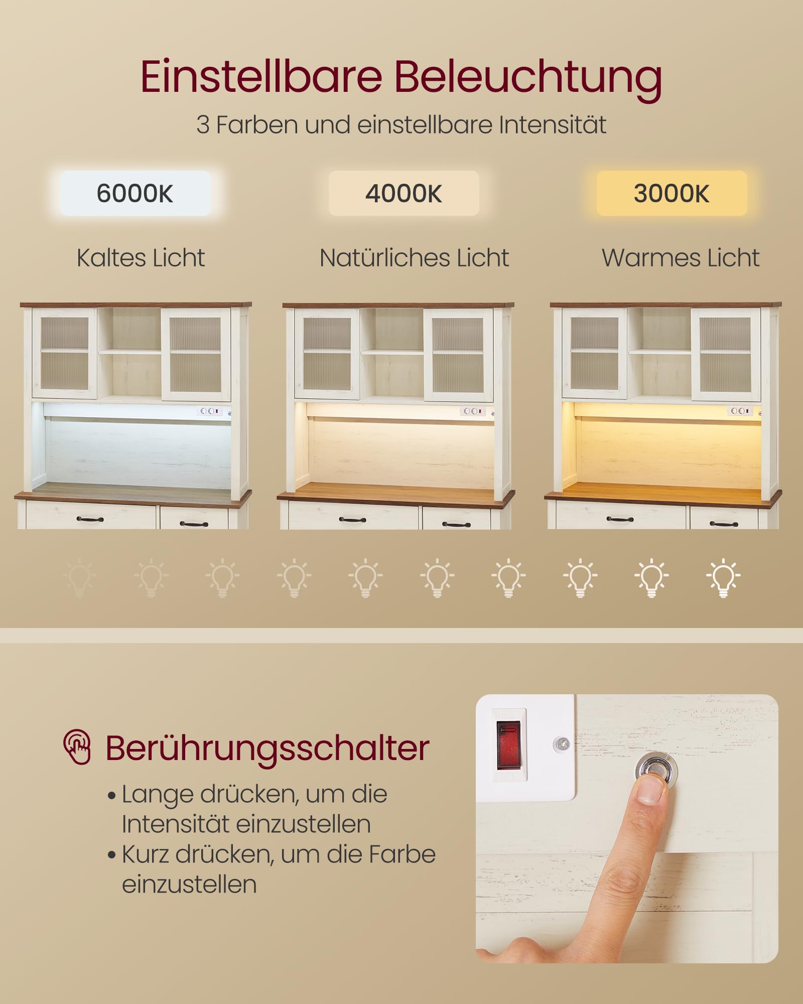 Sideboard mit Beleuchtung und Ladestation, Küchenschrank mit 6 offenen Fächern, 2 Schubladen und Schiebetüren, 106,5 cm breit