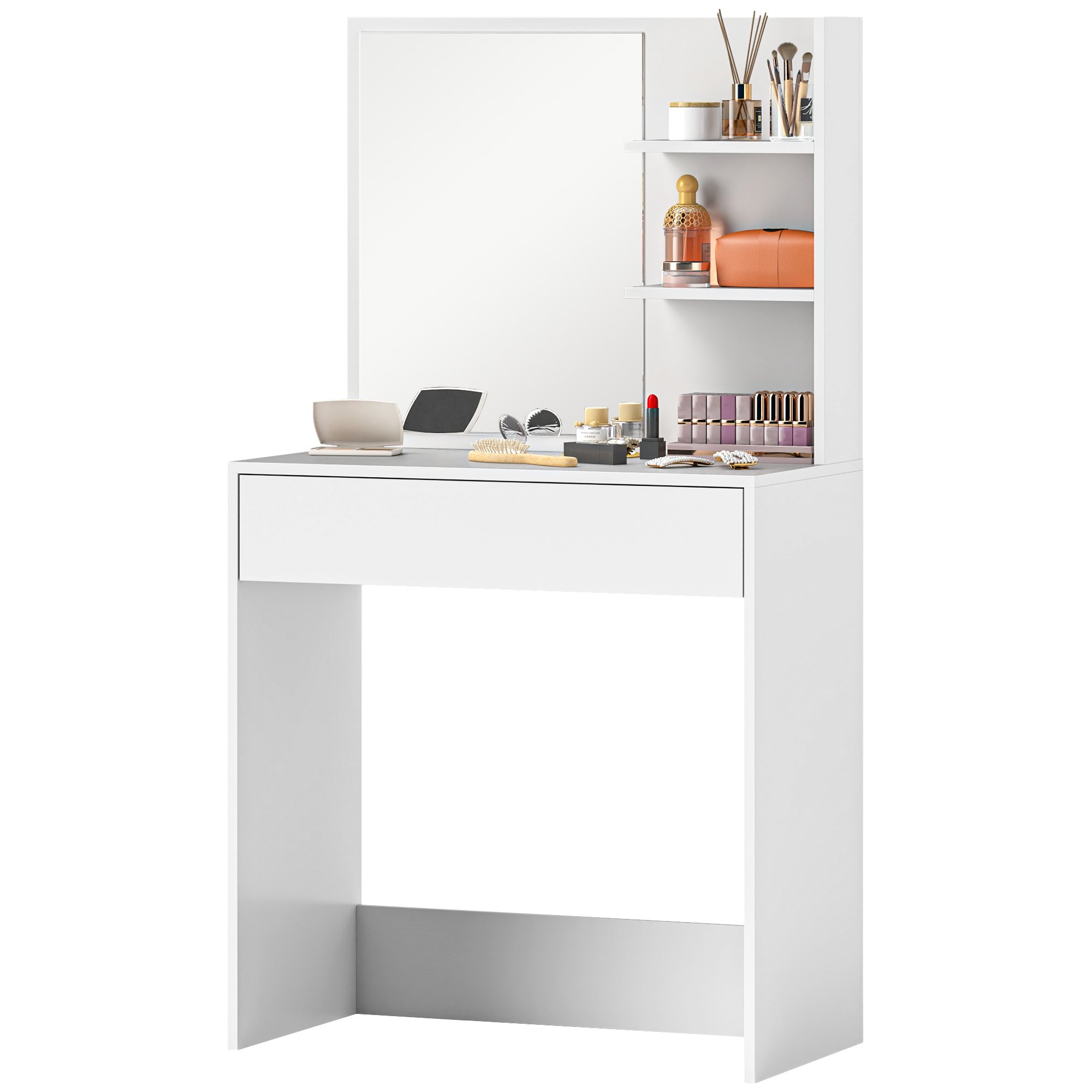 HOMCOM Schminktisch mit Spiegel, Make-up-Tisch mit Schublade und Regalen, für Schlafzimmer, 75l x 40T x 137H cm, weiß