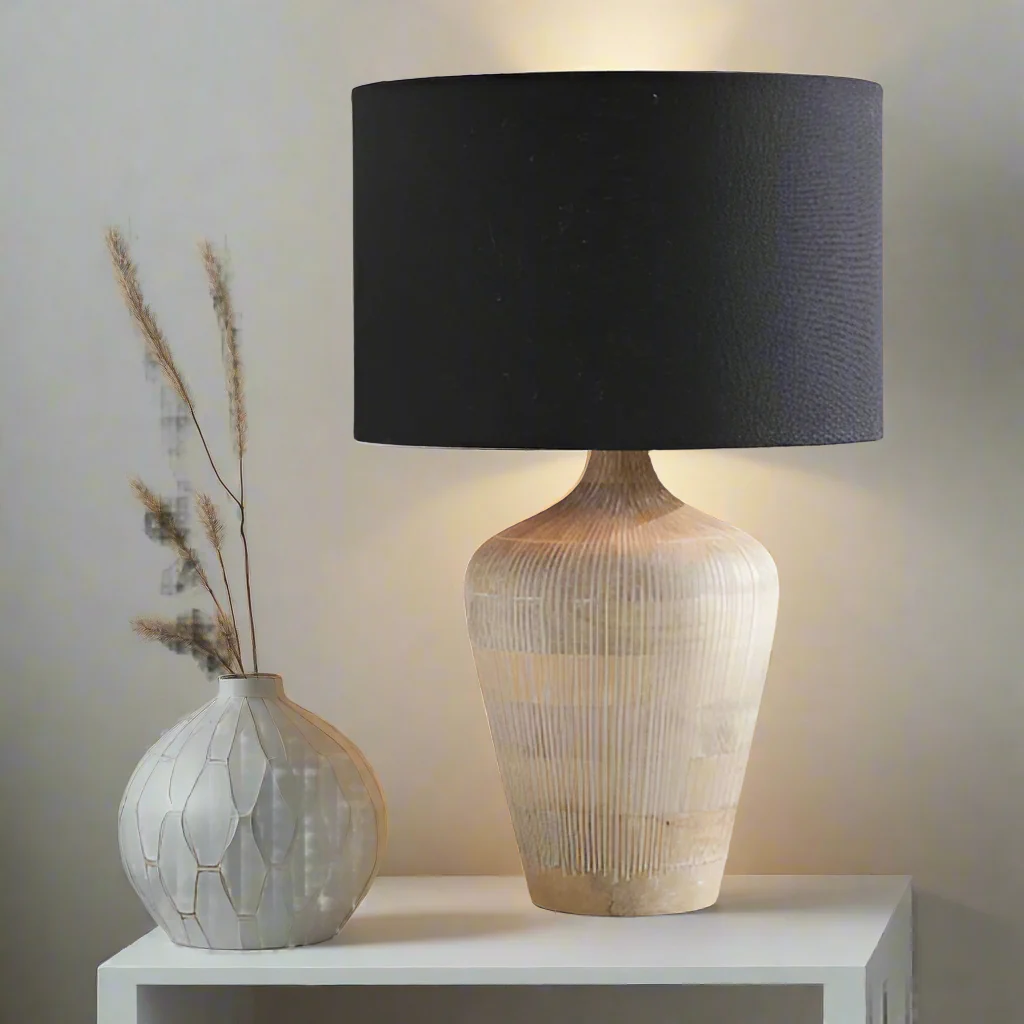 Tall Mango Wood Table Lamp Base �C Hand-Carved Whitewash Finish | 42cm