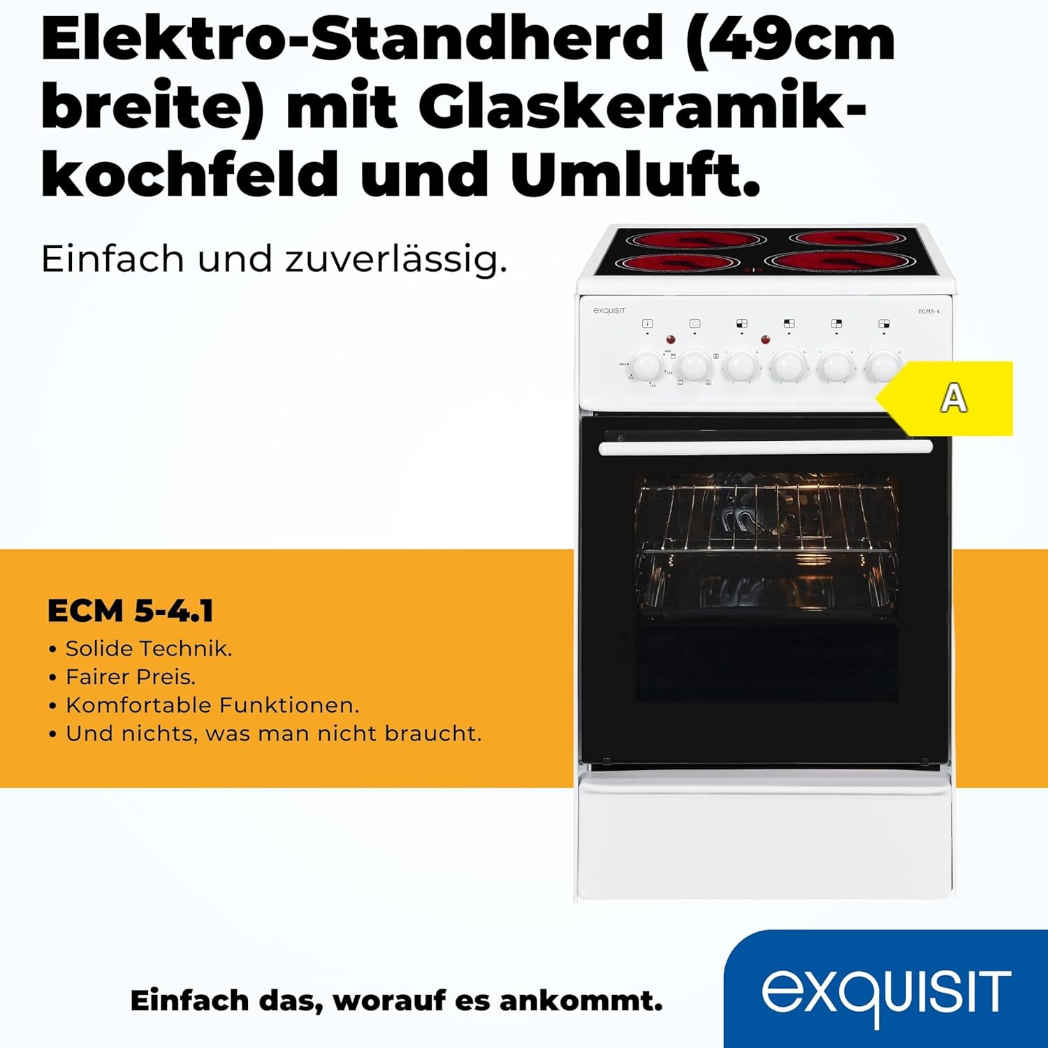 Exquisit Standherd, Standherd 50cm mit Glaskeramik Kochfeld, Ober- / Unterhitze, Backofen mit Umluft & Grill, Elektroherd freistehend 50 cm weiß, ECM 5-4-1