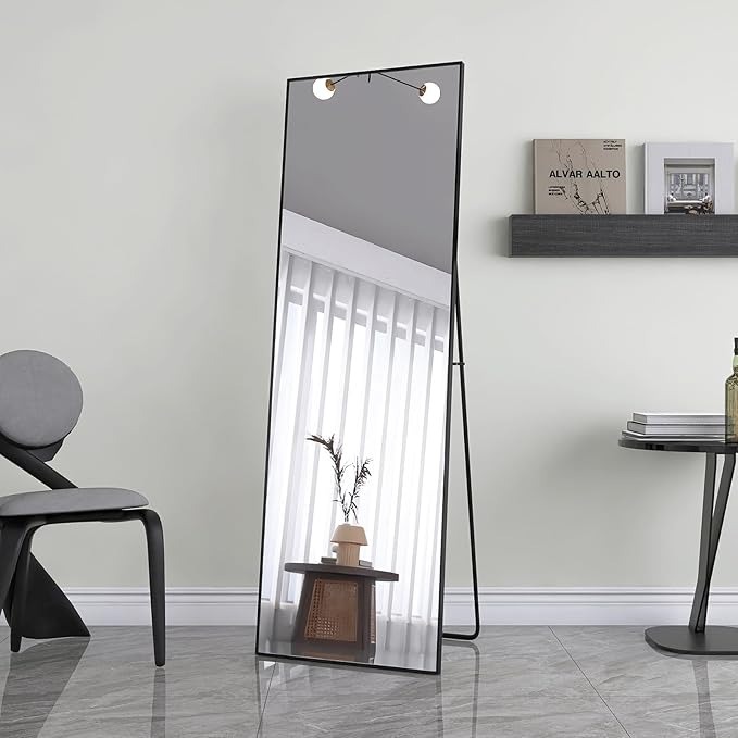 DAHUEN Specchio da appoggio 162 x 53 cm, specchio da pavimento rettangolare a piena lunghezza, specchio da parete da appendere o da appoggiare, con telaio in alluminio nero, per bagno, camera da