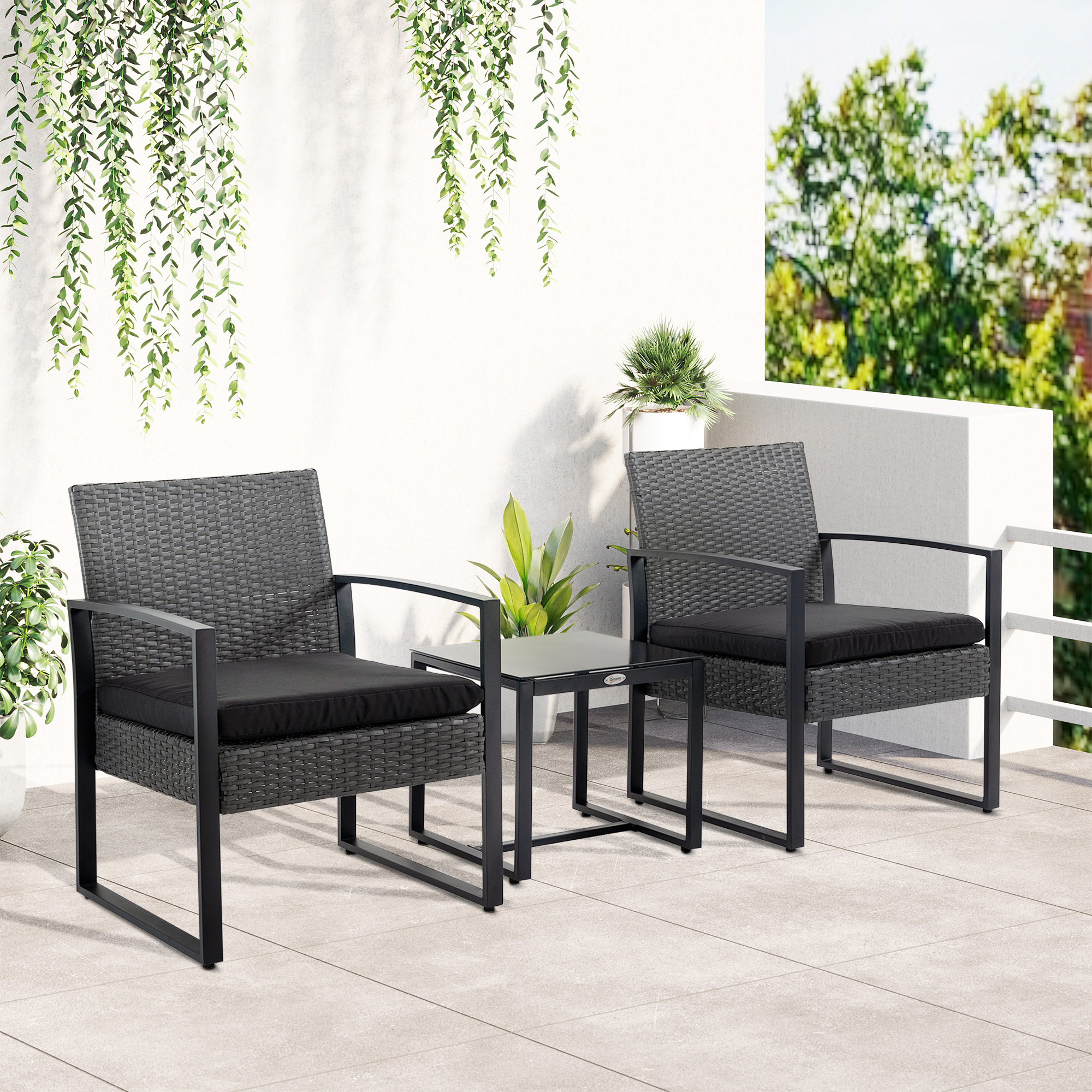 Outsunny Gartenmöbel-Set 2 Personen 3-teilig 2 Stühle mit Kissen + Couchtisch mit gehärteter Glasplatte PE-Rattan 4 Stränge Rattanimitation Schwarz