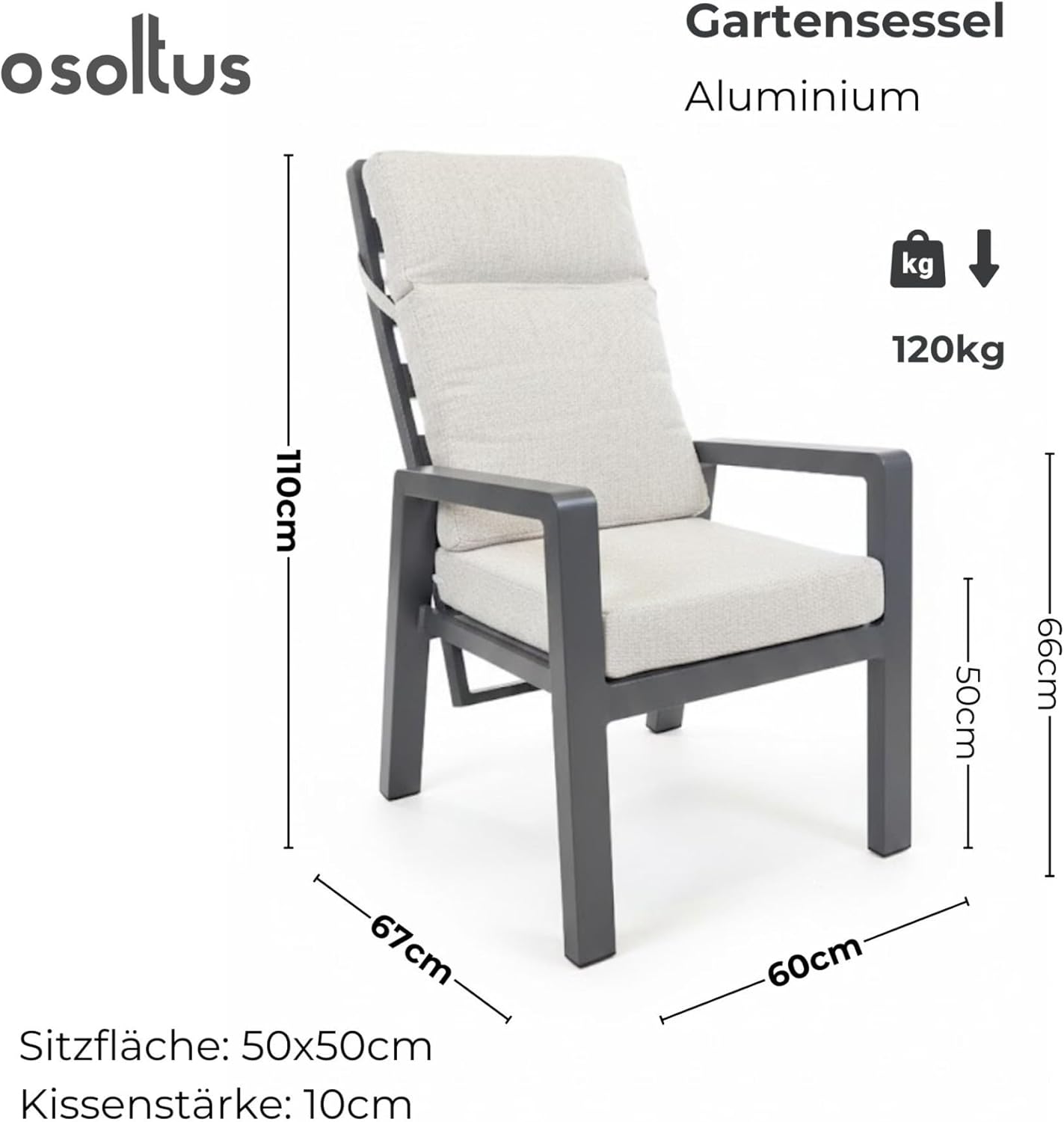 osoltus Gartensessel Alu Anthrazit wetterfest Palma II All Weather Olefin | stufenlos verstellbare Rückenlehne Dank Gasdruckdämpfer (beige)