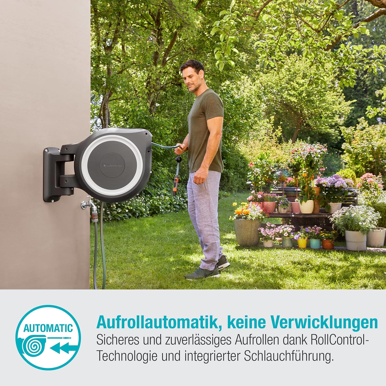 Gardena Wand-Schlauchbox RollUp M/L (weiß) 25 m: flexible Bewässerung für mittelgroße bis große Gärten, Schwenkbare Schlauchbox, inkl. 25 m Gardena Qualitätschlauch und Montagehilfe (18622-20)