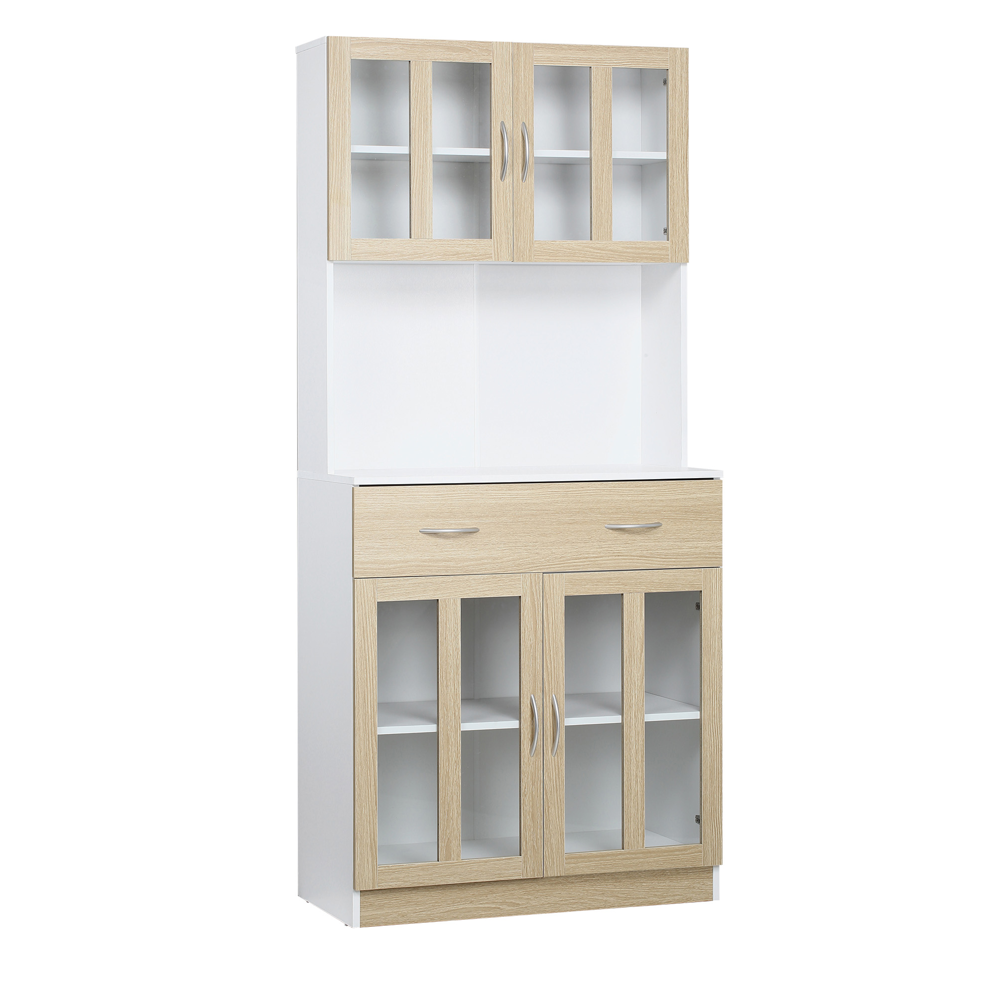 HOMCOM Küchenschrank Hochschrank Küchenbuffet mit Glastüren Geschirrschrank Esszimmerschrank mit 2 Schubladen und 2 Schränken Weiß+Natur 80 x 40 x 180 cm