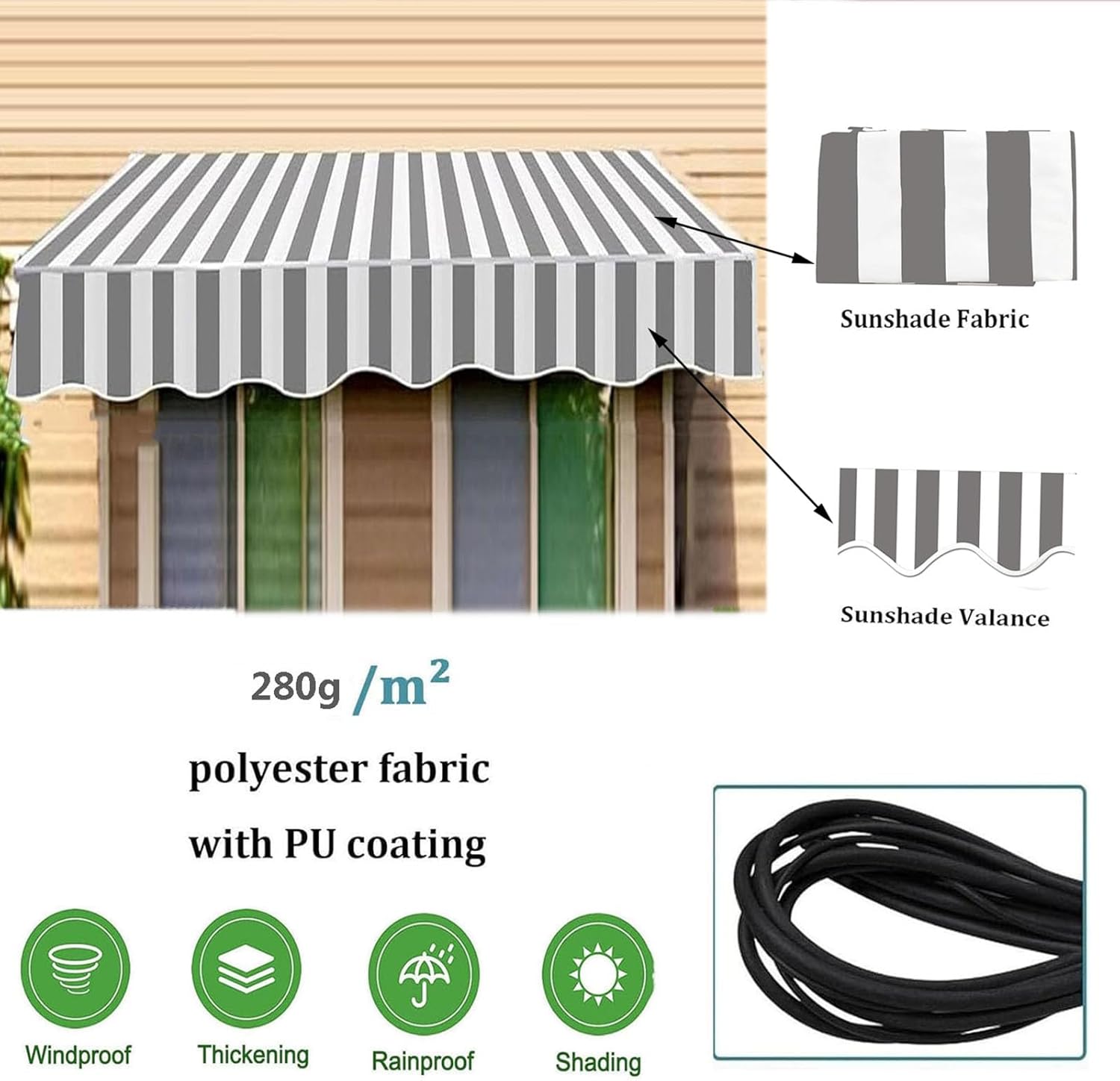 Ausziehbarer Ersatz-Terrassenüberdachung, UV-Schutz, 3 m, 3,6 m, 4,5 m, Polyester, Schirm d Design (6 x 1,5 m)