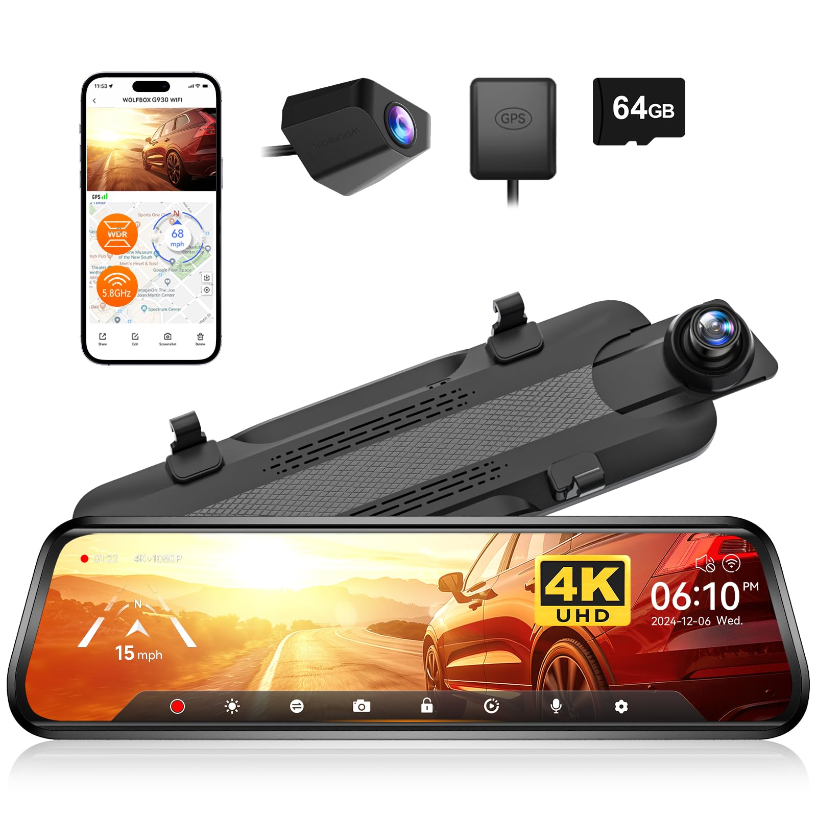 WOLFBOX G930 10 Zoll Rückspiegelkamera für Auto mit 5.8GHz WiFi und inklusive 64GB Speicherkarte