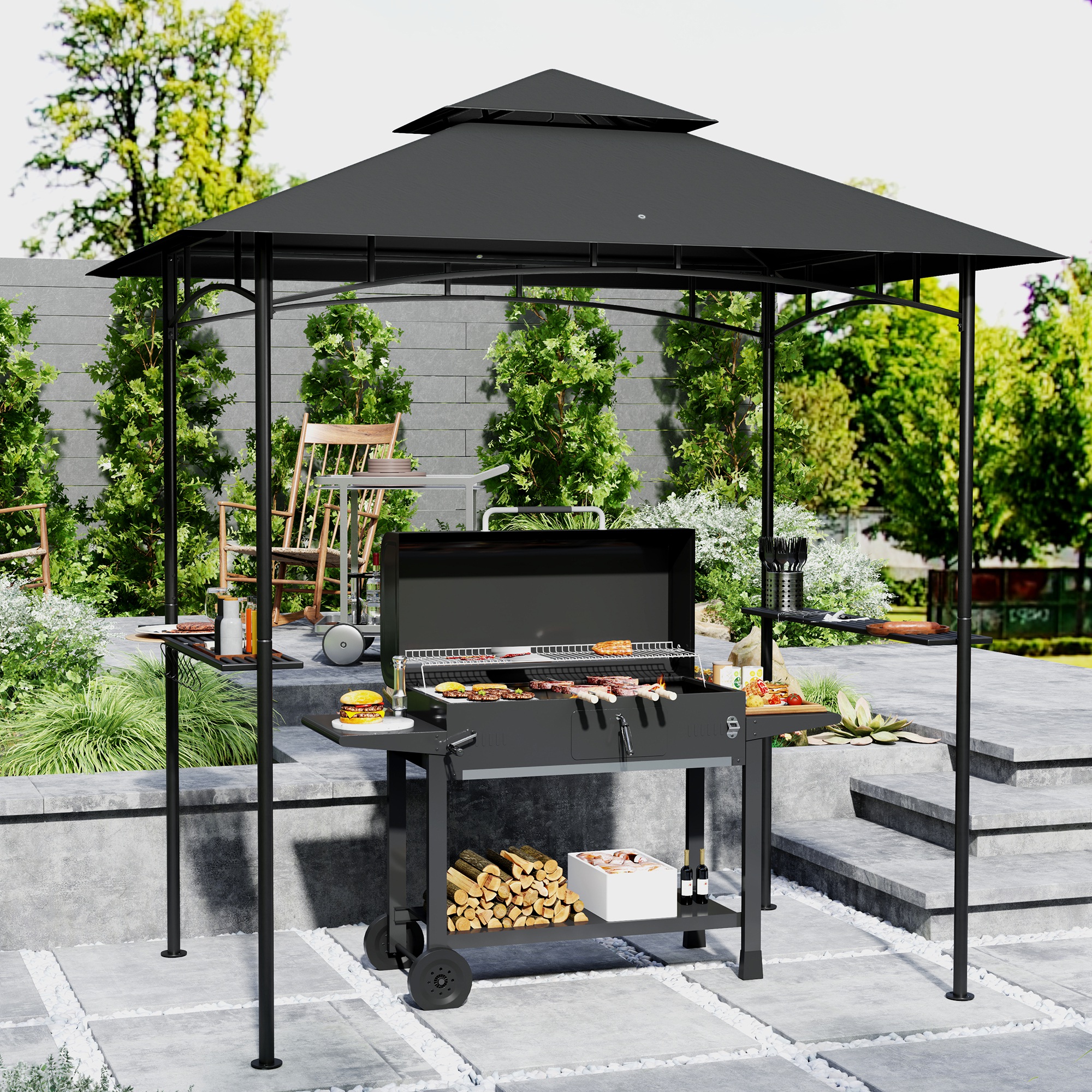 Outsunny Grillpavillon mit LED 240 x 150 x 258 cm wasserabweisend flammhemmend Gartenpavillon mit Doppelschichtdach