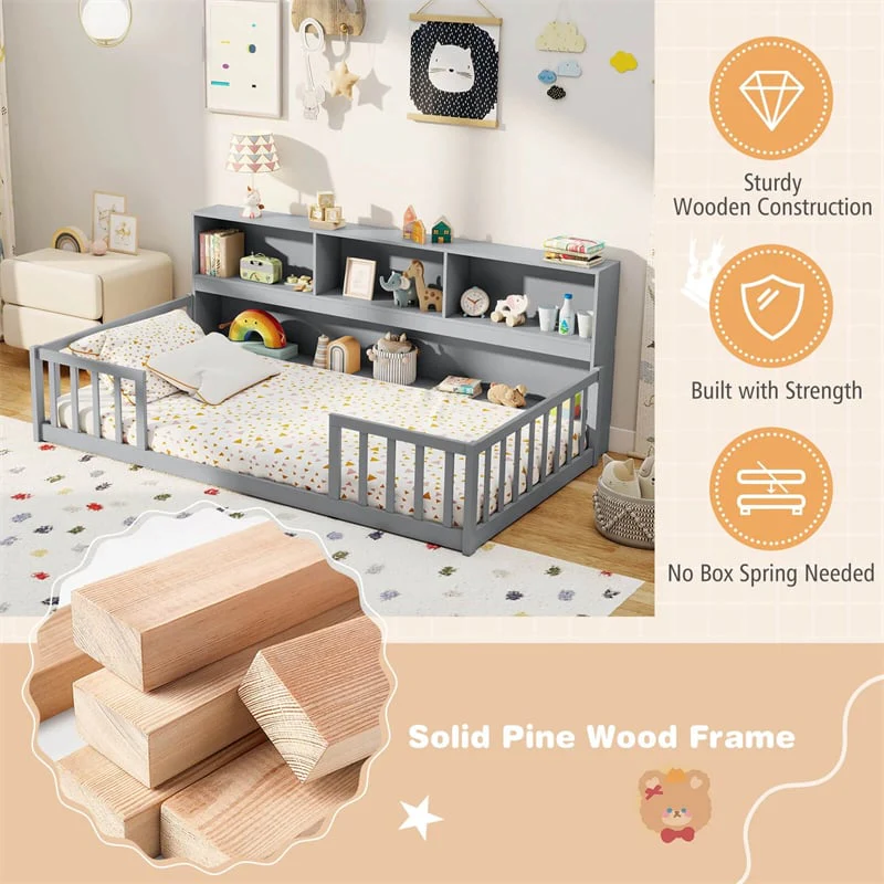 Eletriclife Twin Montessori Floor Bed with Bookcase & Safety Fence Rails for Kids