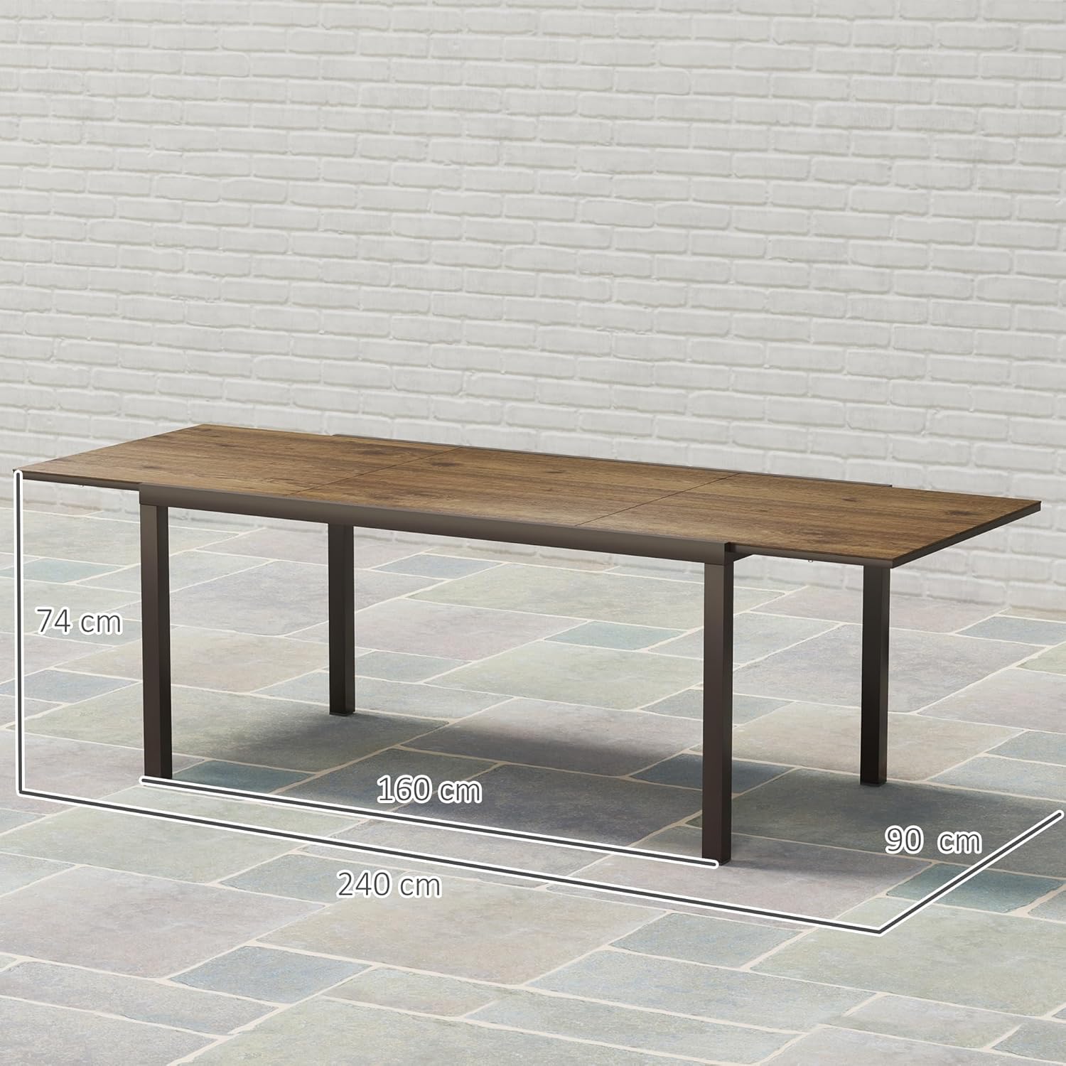 Outsunny Extendable Garden Table 160/240 x 90 x 74 cm, Extendable Dining Table for 6-8 People in Aluminium with Wood Effect Top in DPC for Patio, Balcony and Outdoor, Brown