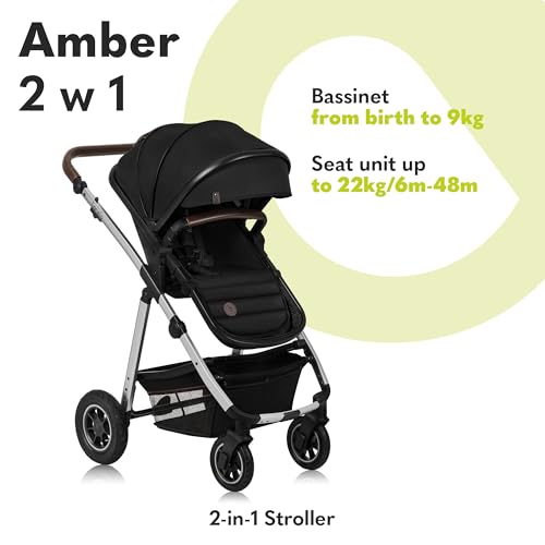 LIONELO Amber Passeggino 2in1 Duo Passeggino da 0 a 48mesi con Seduta secchiello   Navicella per neonato e bambini a 22kg Regolabile, pieghevole e leggero Ruote grandi Cappotina XXL (NeroArgento, Big) : Amazon.it: Prima infanzia