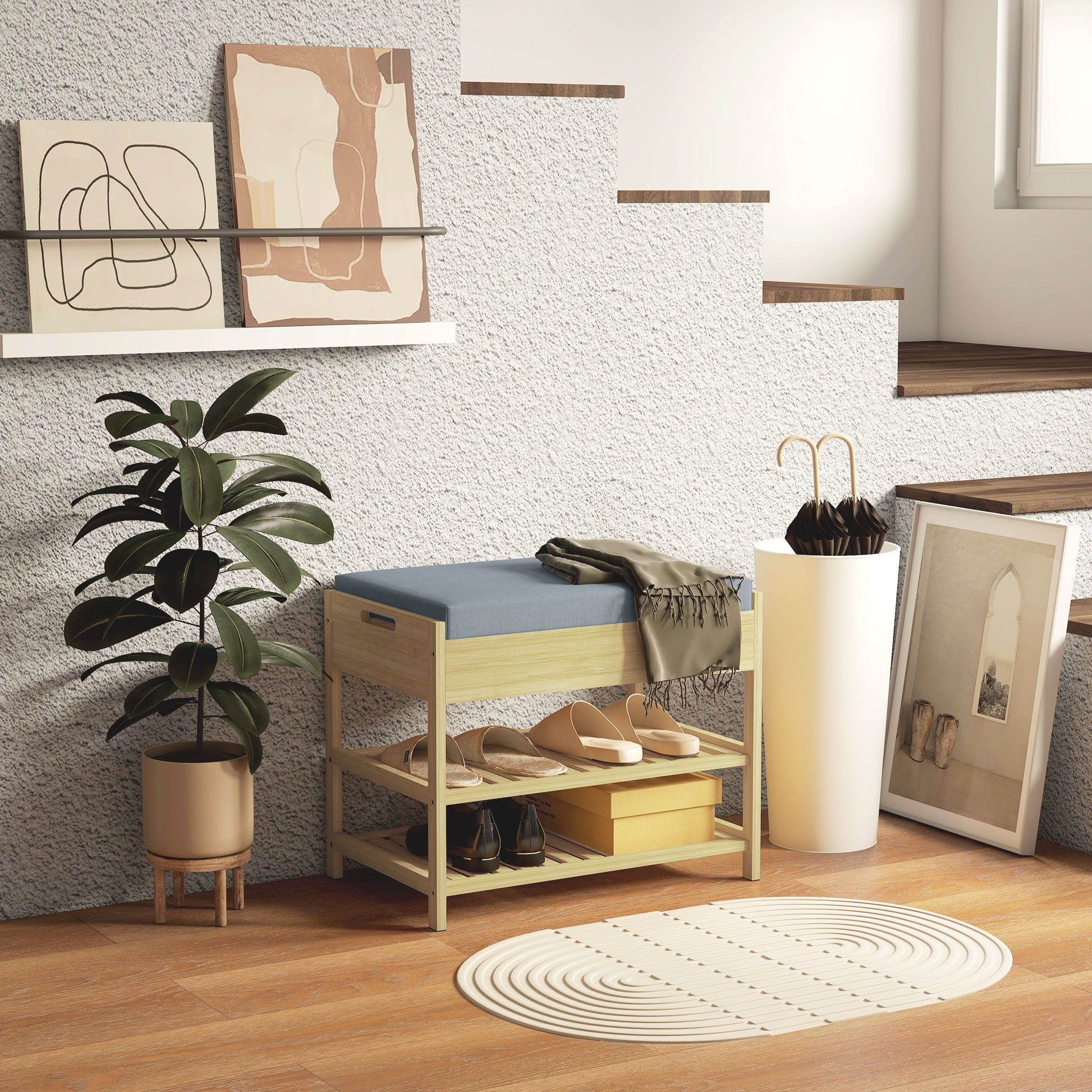 HOMCOM Schubank Schuhregal, 2 Ablagen, Sitzpolster, Bambus, 55 cm x 35 cm x 46 cm, Grau + Natur