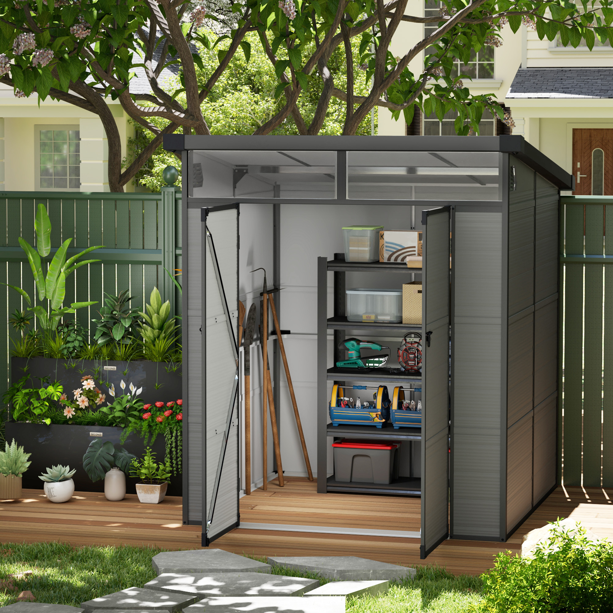 Outsunny 1,9 x 1,9 m Tuinschuur, Opslagschuur uit Kunststof, met Afsluitbare Deuren, 2 Ventilatieopeningen, Lichtgrijs