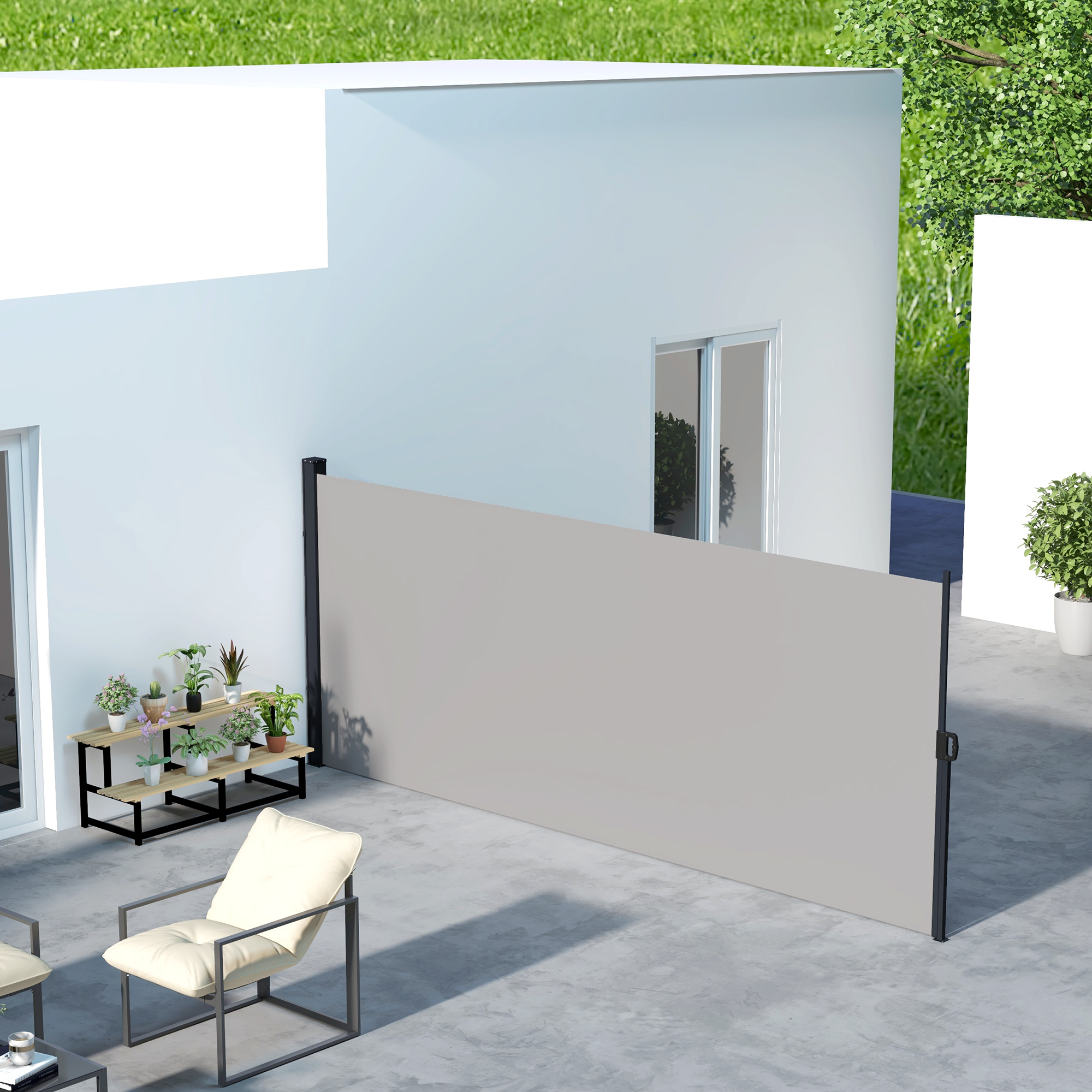 Outsunny Seitenmarkise ausziehbarer Sichtschutz Paravent 4L x 1,80H m Alu. Polyester UV-beständig Hochdicht 180 g/m² Hellgrau