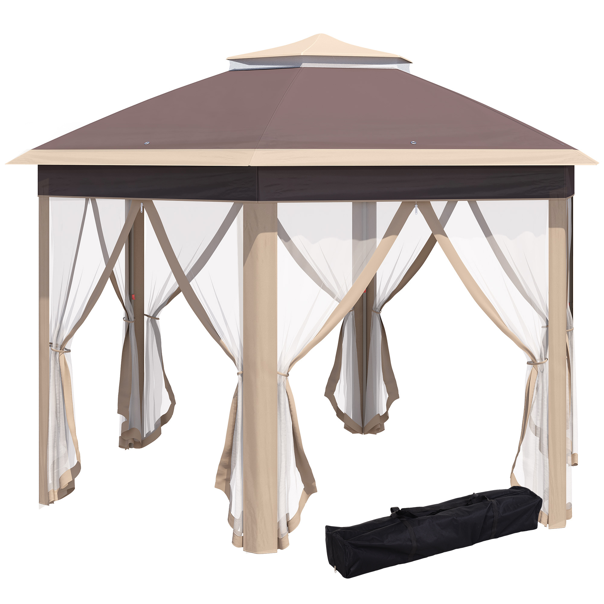 Outsunny tuinpaviljoen opvouwbaar tuinhuisje 4 x 4 m pop-up tent partytent incl. draagtas 6 zijpanelen dubbel dak zeshoekig beige + kaki
