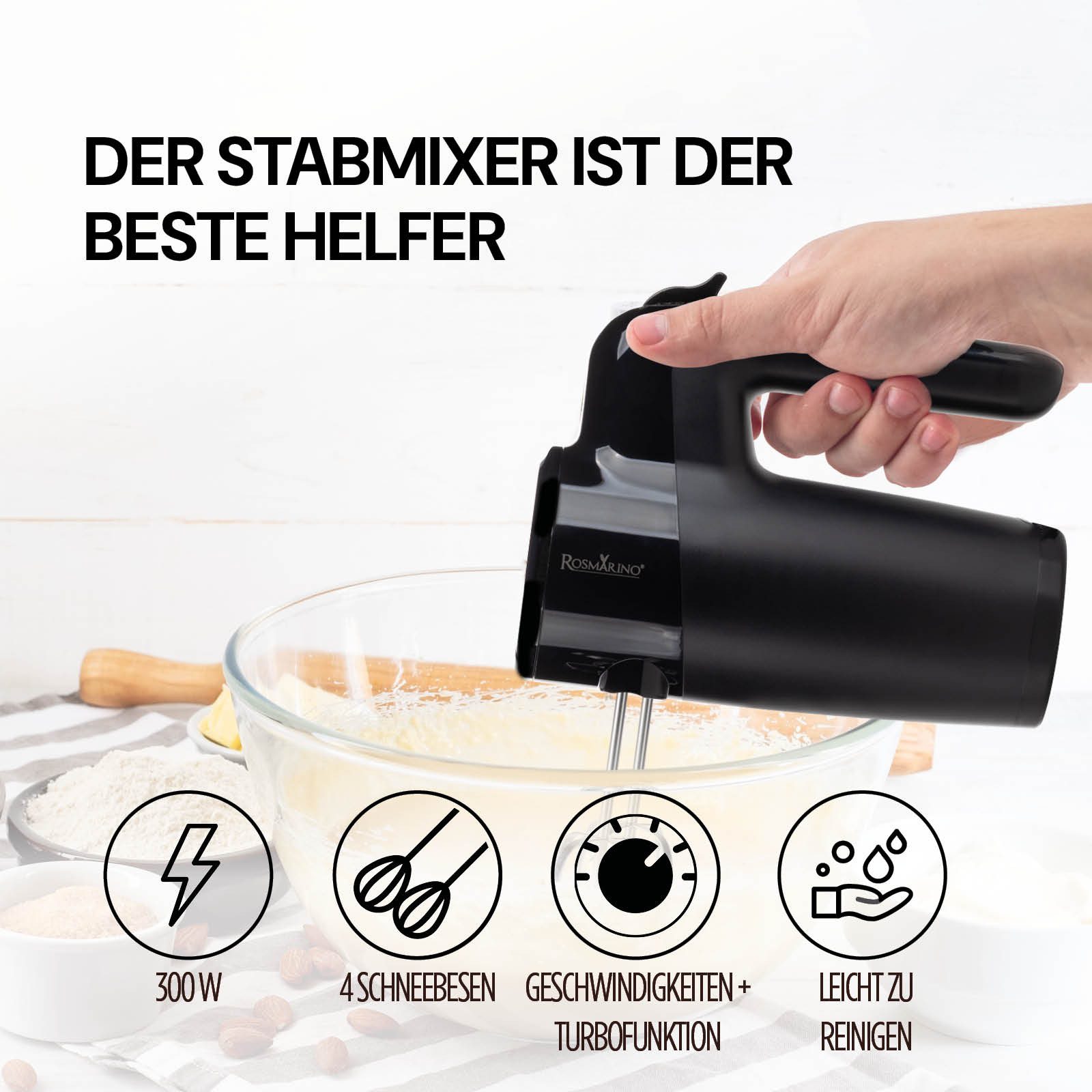 Handmixer Handrührer: 7 Geschwindigkeiten, Turbofunktion, Edelstahl-Knethaken
