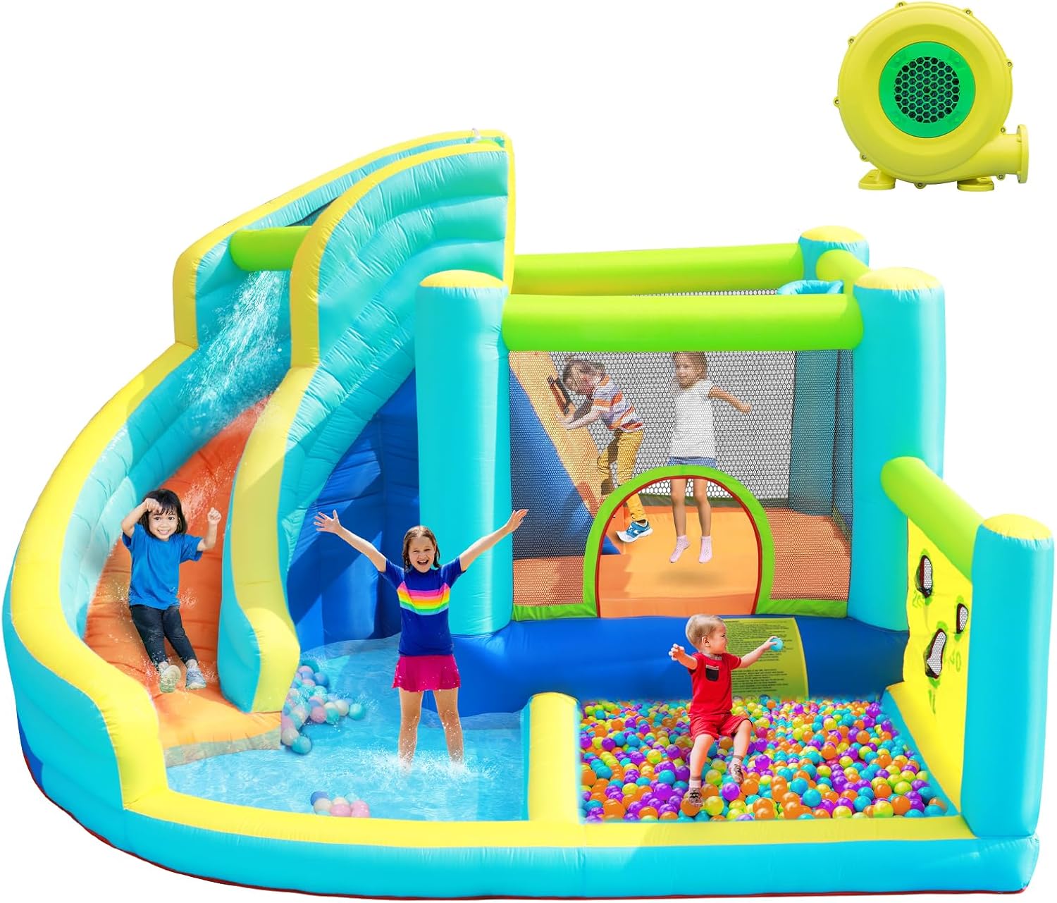 Castello Gonfiabile per Bambini Parco Acquatico con Scivolo Trampolino Piscina Parete da Arrampicata e Canestro da Basket Grande Castello Gonfiabile per Giardino Esterno Pu貌 Ospitare Fino a 5 Bambini