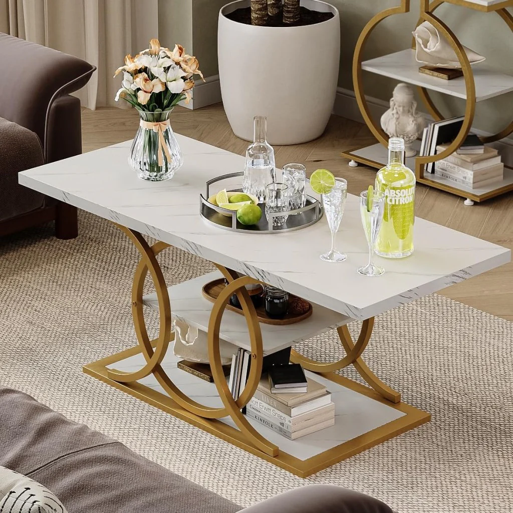 GiftGo Rustic Style Coffee Table with Storage, Industrial Style Three Tier Centerpiece Living Room Table, Farmhouse Style Wooden Rectangular Cocktail Tea Table