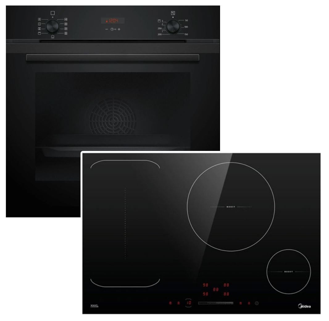 Backofen-Set HYDROLYSE AUSZUG + Midea FLEX-Induktionskochfeld BOOSTER autark 77cm