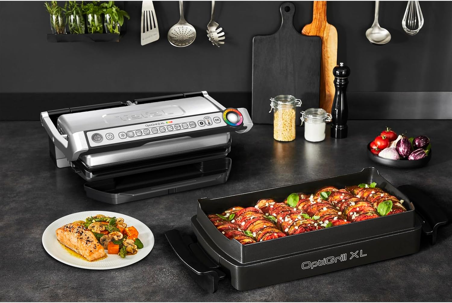 Tefal OptiGrill+ XL | Kontaktgrill mit automatischer Temperatur-Anpassung | 9 automatische Programme | XL-Grillfläche | inklusive Backschale | GC724D12