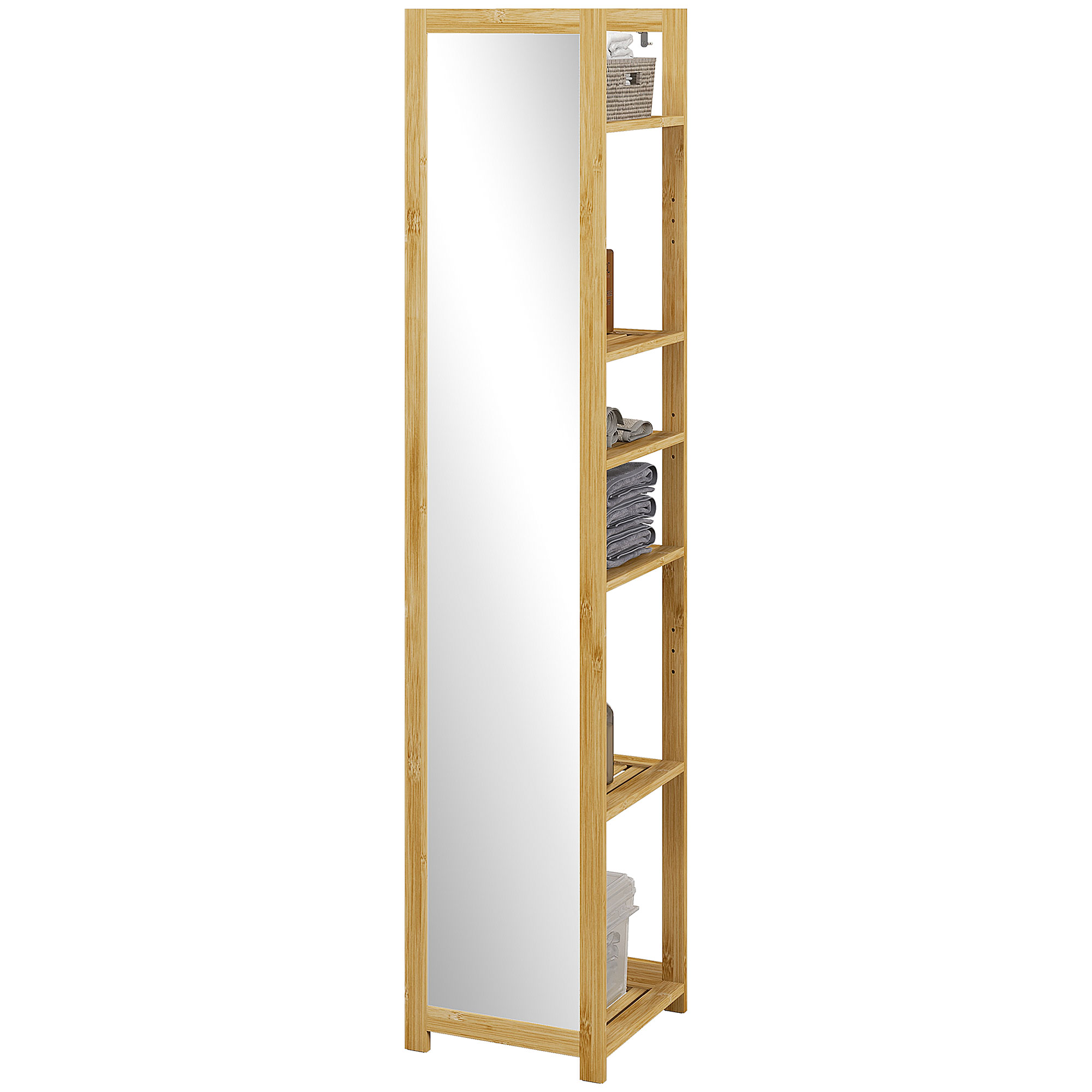 HOMCOM Bambus Hochschrank für Badezimmer mit Spiegel, 6 Regalen, Naturholz, 35B x 35T x 168H cm