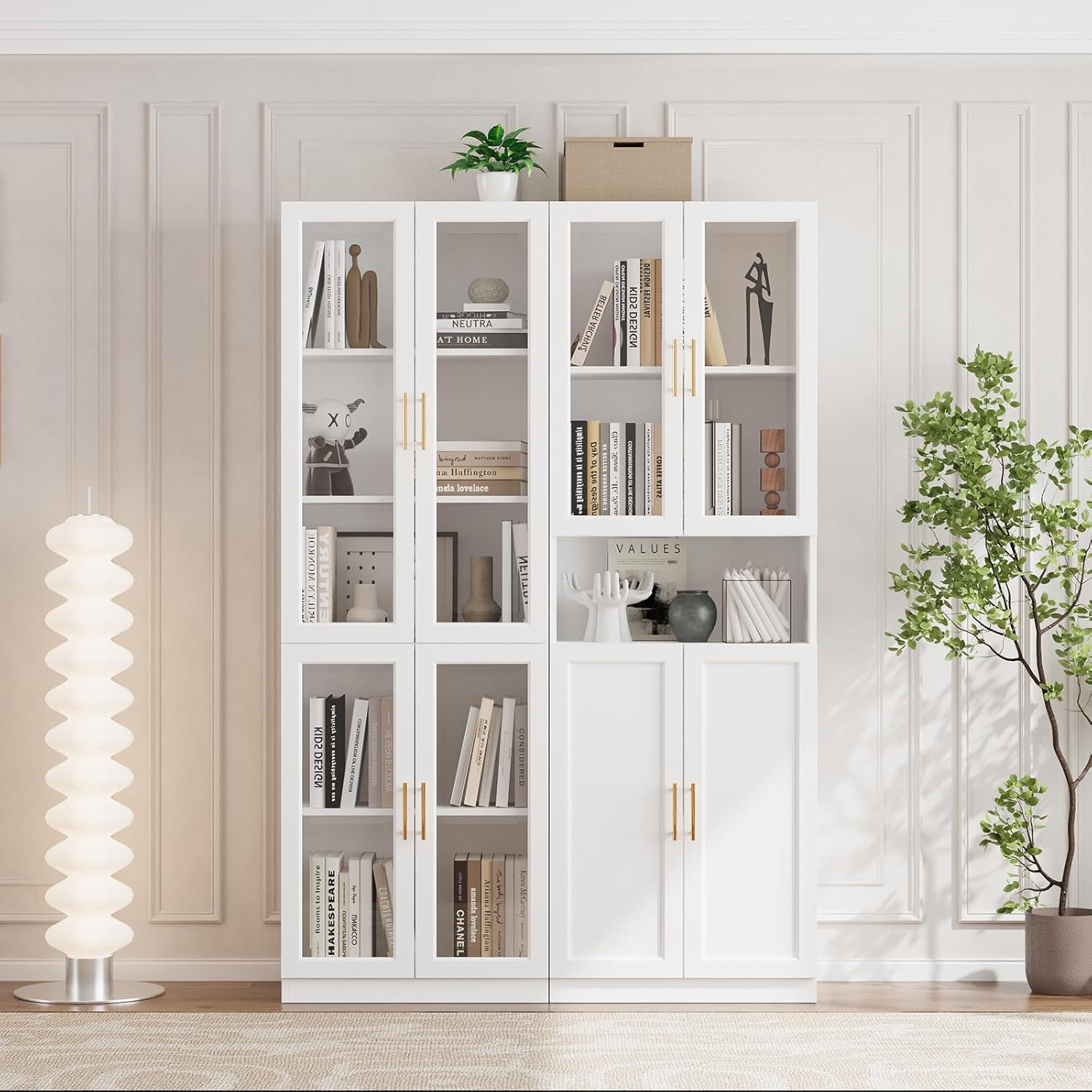 VOWNER Libreria con Ante in Vetro, Libreria a 5 Ripiani con Ripiano Regolabile, Set Moderno di Mobili Contenitori per Ufficio, Soggiorno, Bianco(CD)